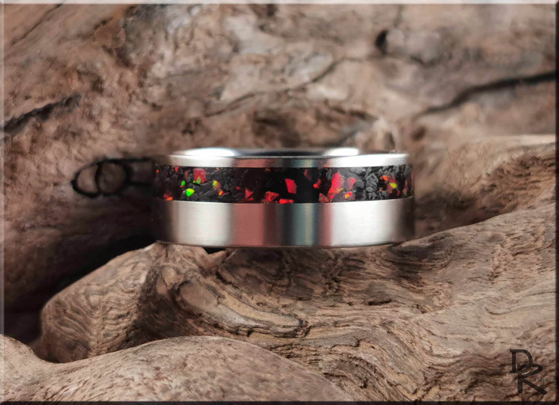 Titanium Offset 8mm Channel Ring w/Black Tourmaline and Opal inlay - metal ring