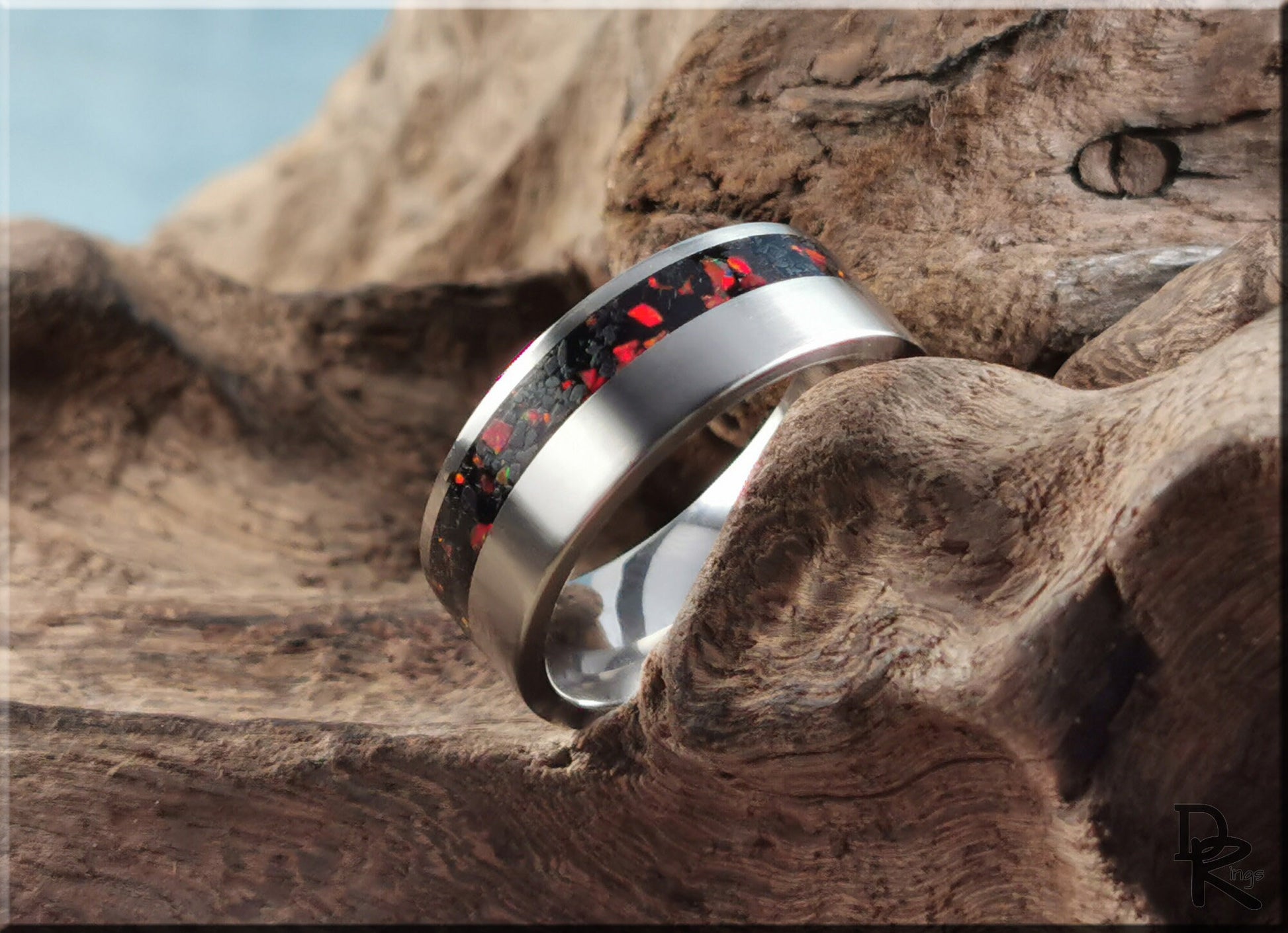 Titanium Offset 8mm Channel Ring w/Black Tourmaline and Opal inlay - metal ring