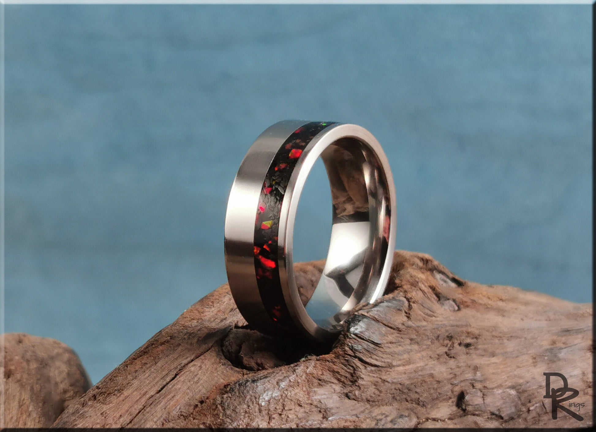 Titanium Offset 8mm Channel Ring w/Black Tourmaline and Opal inlay - metal ring