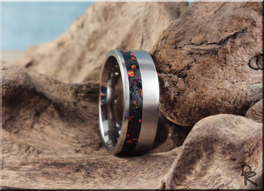 Titanium Offset 8mm Channel Ring w/Black Tourmaline and Opal inlay - metal ring
