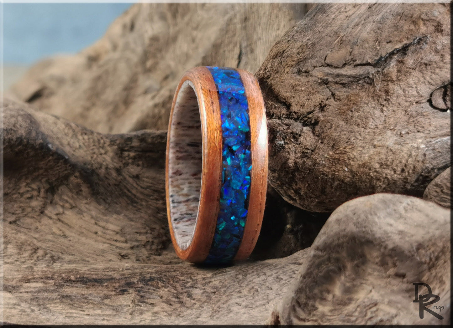Bentwood Ring - Flat Cut Etimoe w/Ocean Blue Opal inlay, on Deer Antler ring core - wood ring