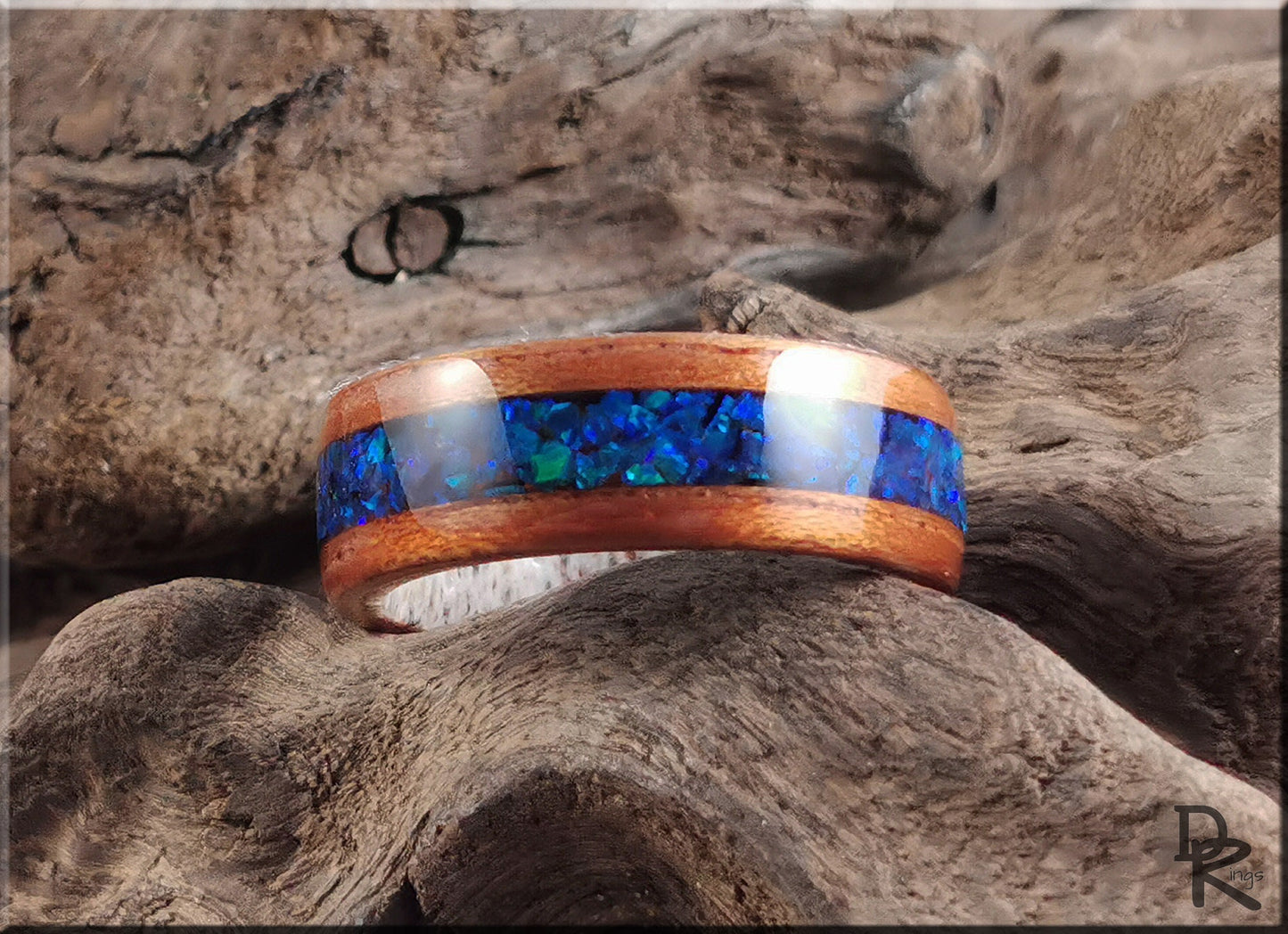 Bentwood Ring - Flat Cut Etimoe w/Ocean Blue Opal inlay, on Deer Antler ring core - wood ring