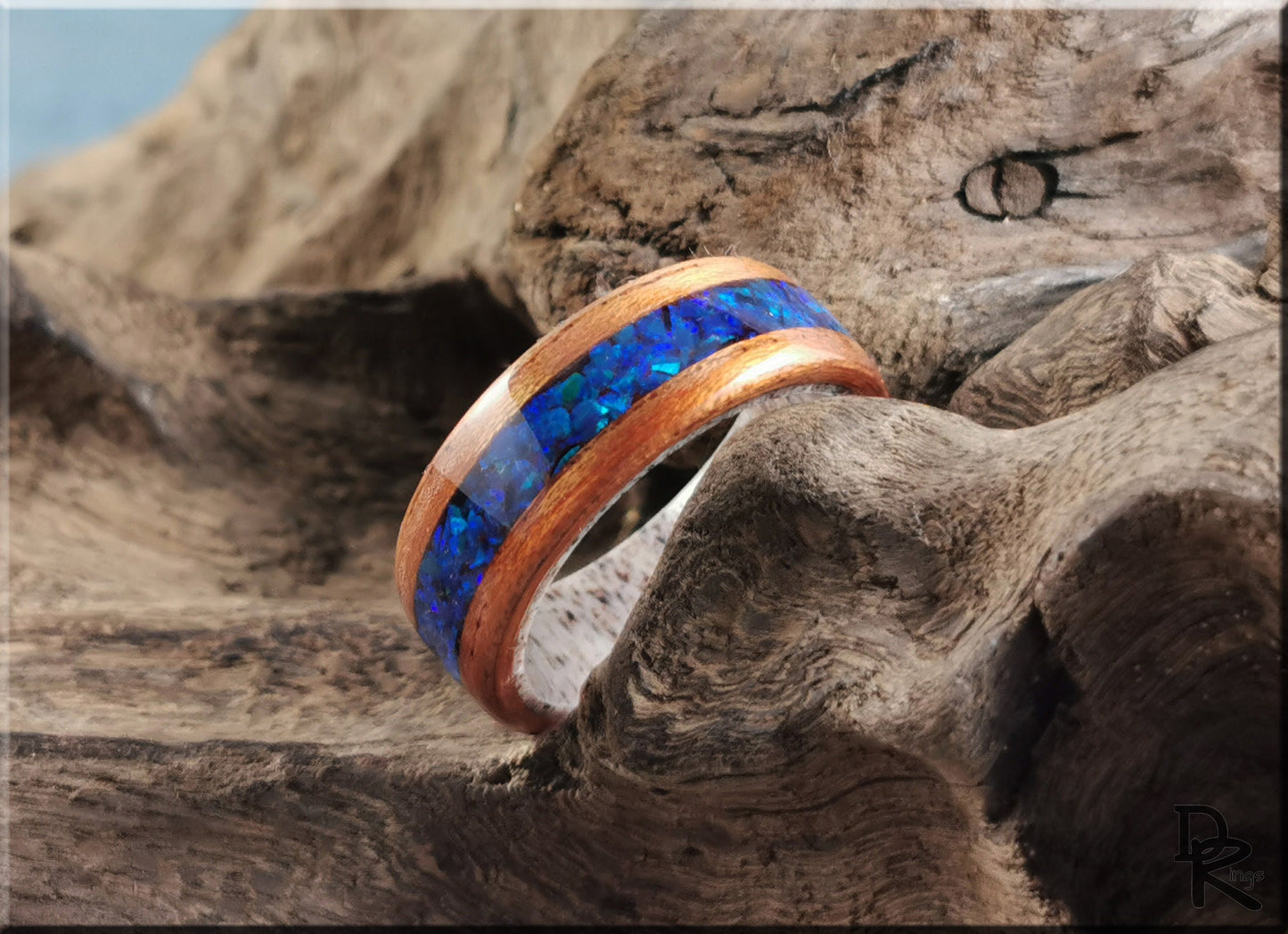 Bentwood Ring - Flat Cut Etimoe w/Ocean Blue Opal inlay, on Deer Antler ring core - wood ring