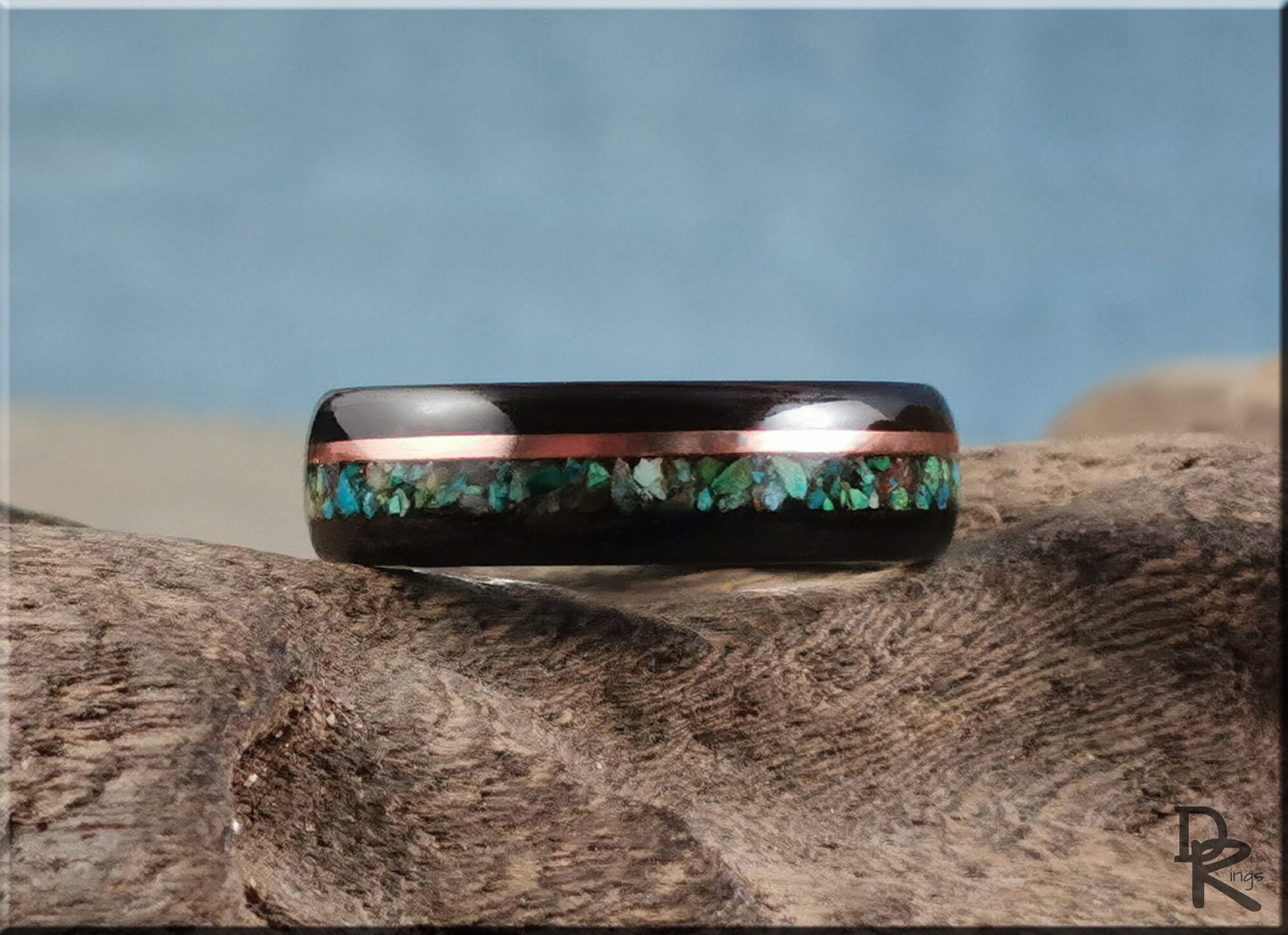 Bentwood Ring - Amara Ebony w/dual Copper and Chrysocolla stone inlay on premium Cobalt Chrome core - wood ring
