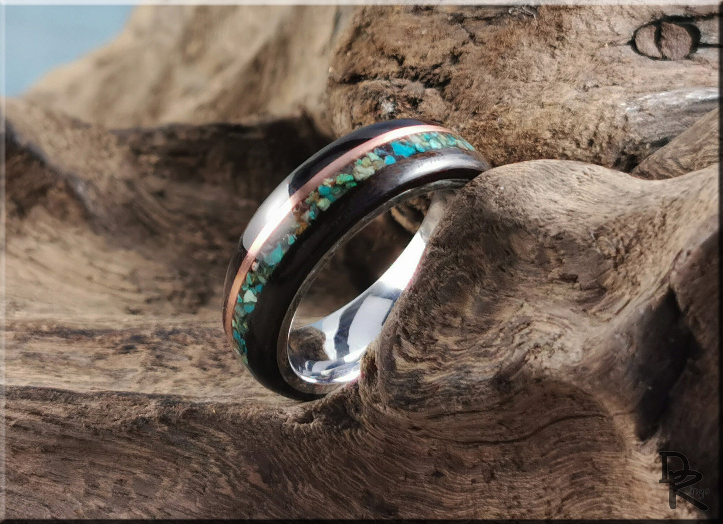 Bentwood Ring - Amara Ebony w/dual Copper and Chrysocolla stone inlay on premium Cobalt Chrome core - wood ring