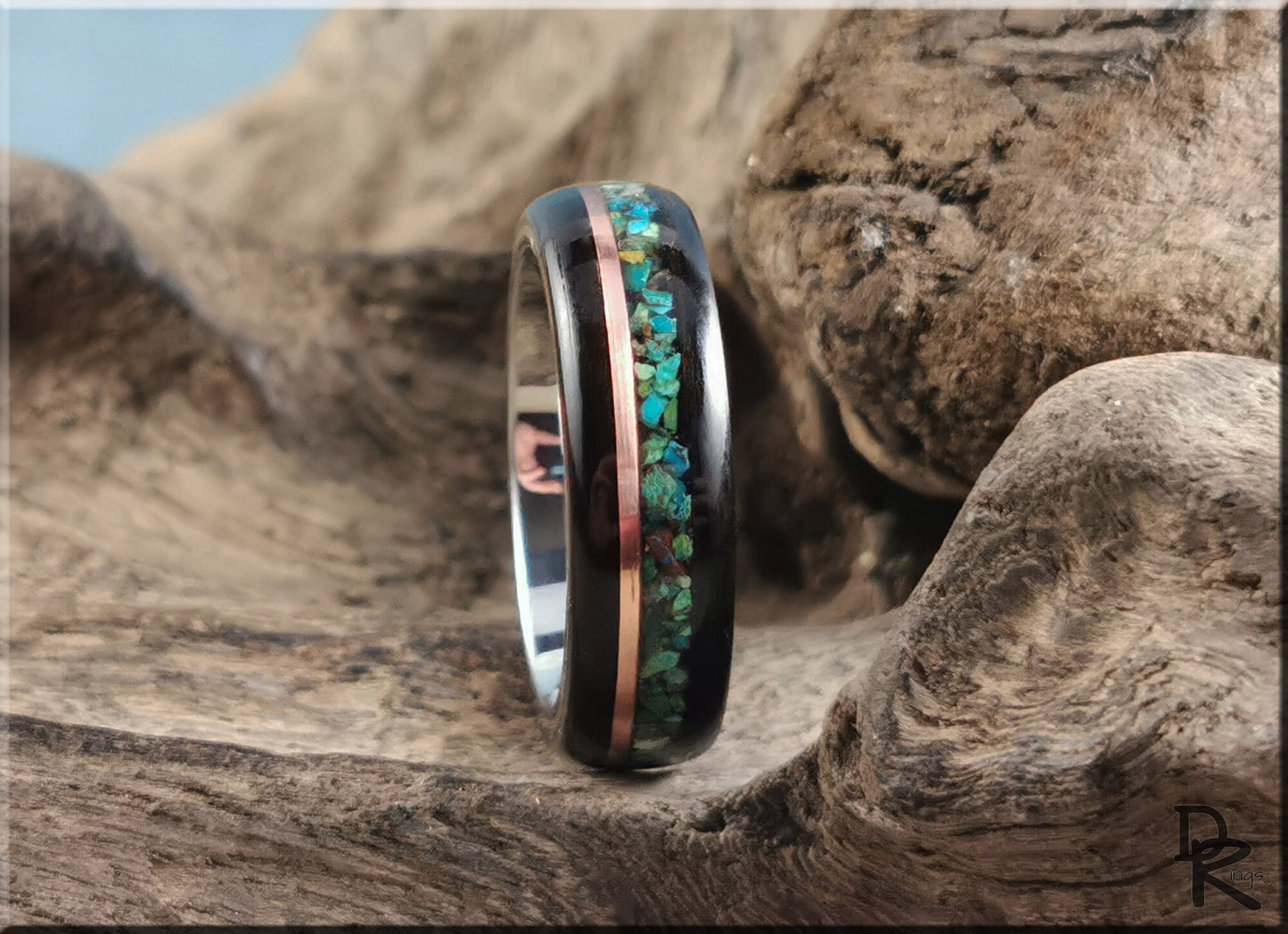Bentwood Ring - Amara Ebony w/dual Copper and Chrysocolla stone inlay on premium Cobalt Chrome core - wood ring