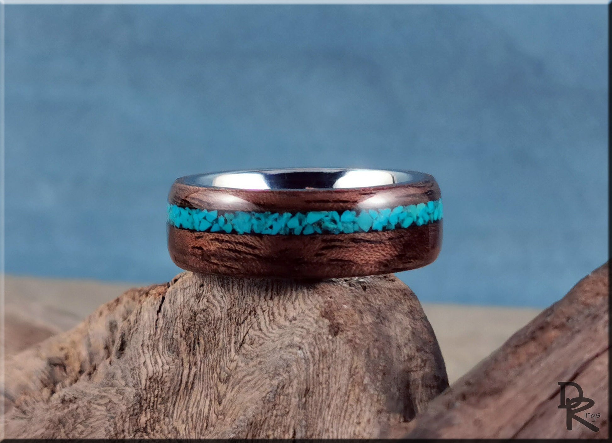 Bentwood Ring - Curly Black Walnut w/Chilean Turquoise stone inlay, on premium Cobalt Chrome ring core - wood ring
