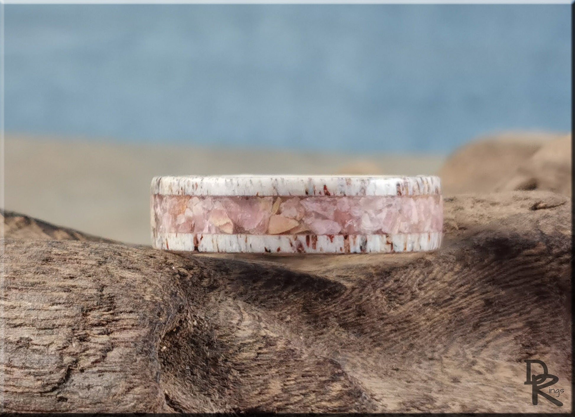 Deer Antler Channel Ring w/Rhodochrosite Stone inlay - antler ring