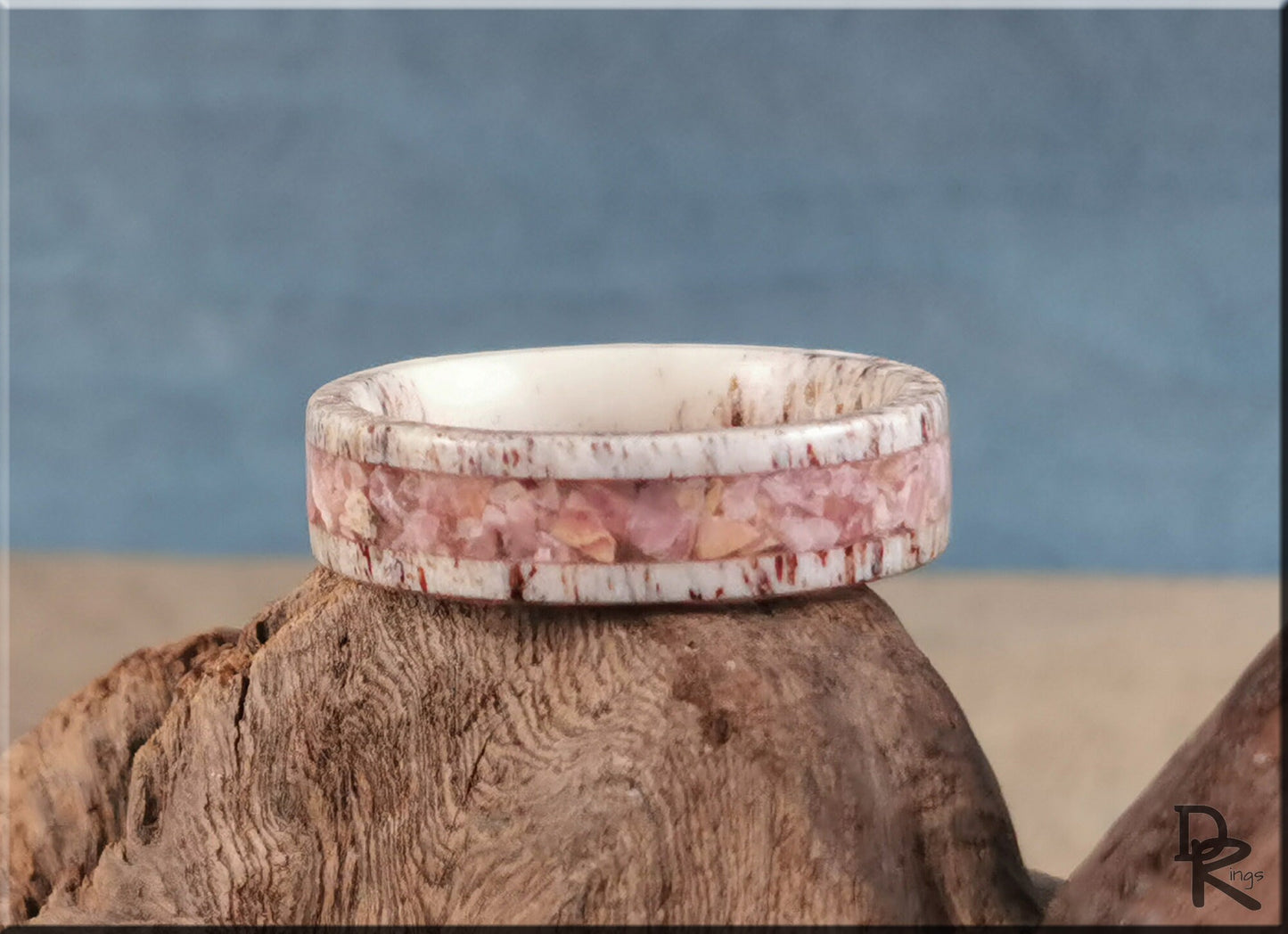 Deer Antler Channel Ring w/Rhodochrosite Stone inlay - antler ring