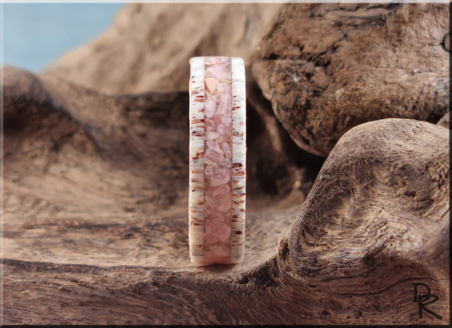 Deer Antler Channel Ring w/Rhodochrosite Stone inlay - antler ring