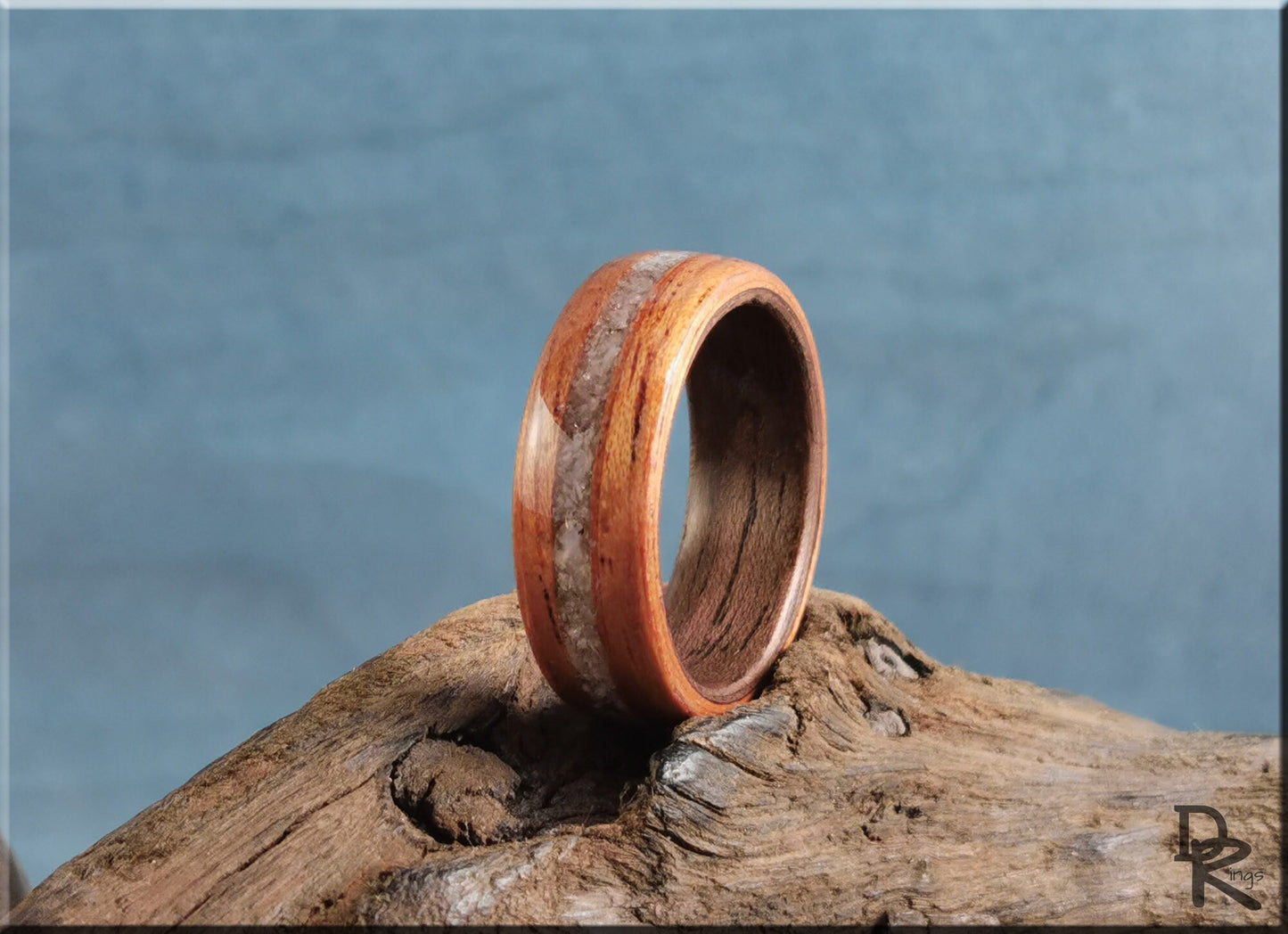 Dual Bentwood Ring - Spanish Cedar w/Moonstone inlay, on Black Walnut ring core - wood ring