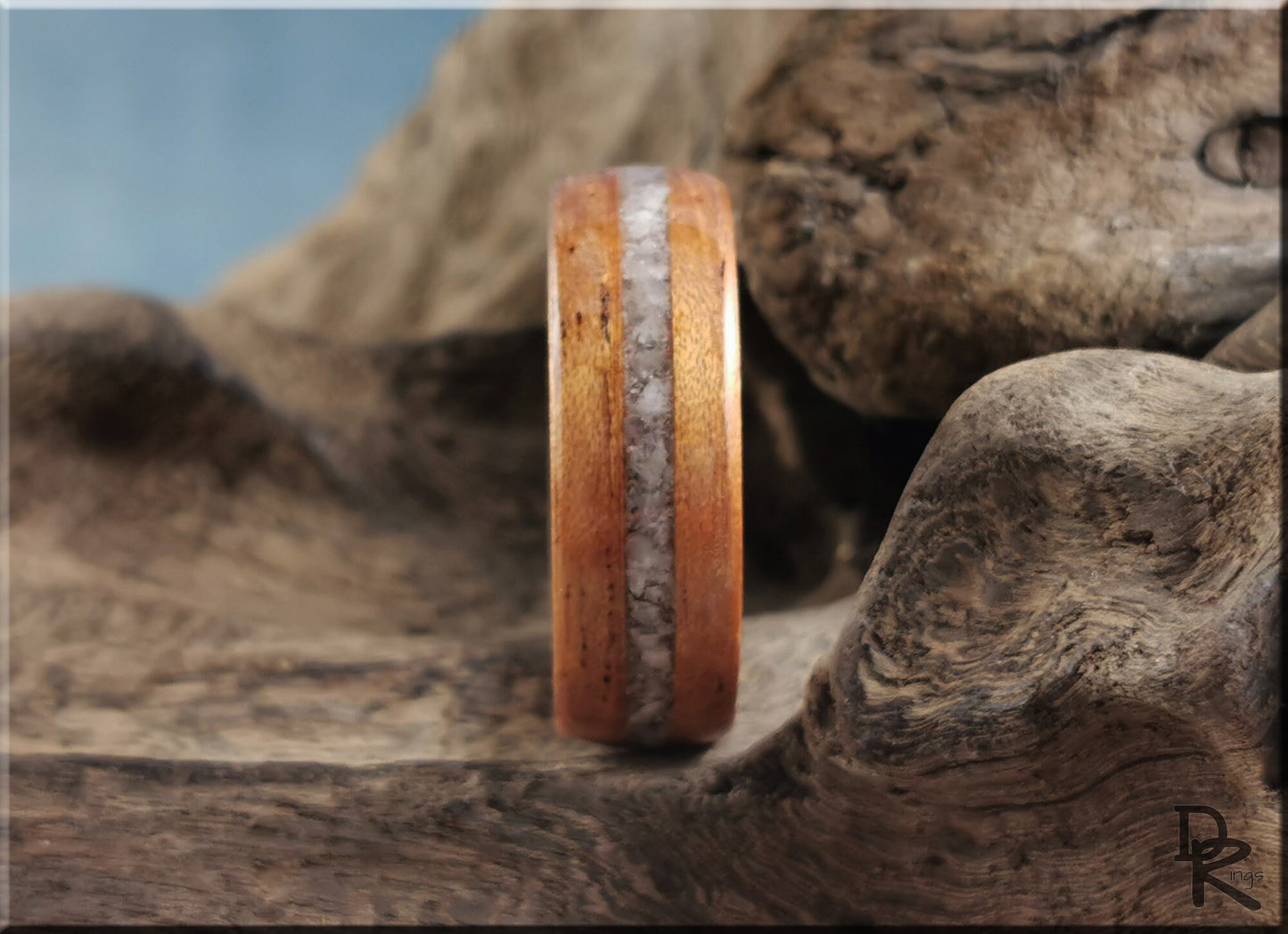 Dual Bentwood Ring - Spanish Cedar w/Moonstone inlay, on Black Walnut ring core - wood ring