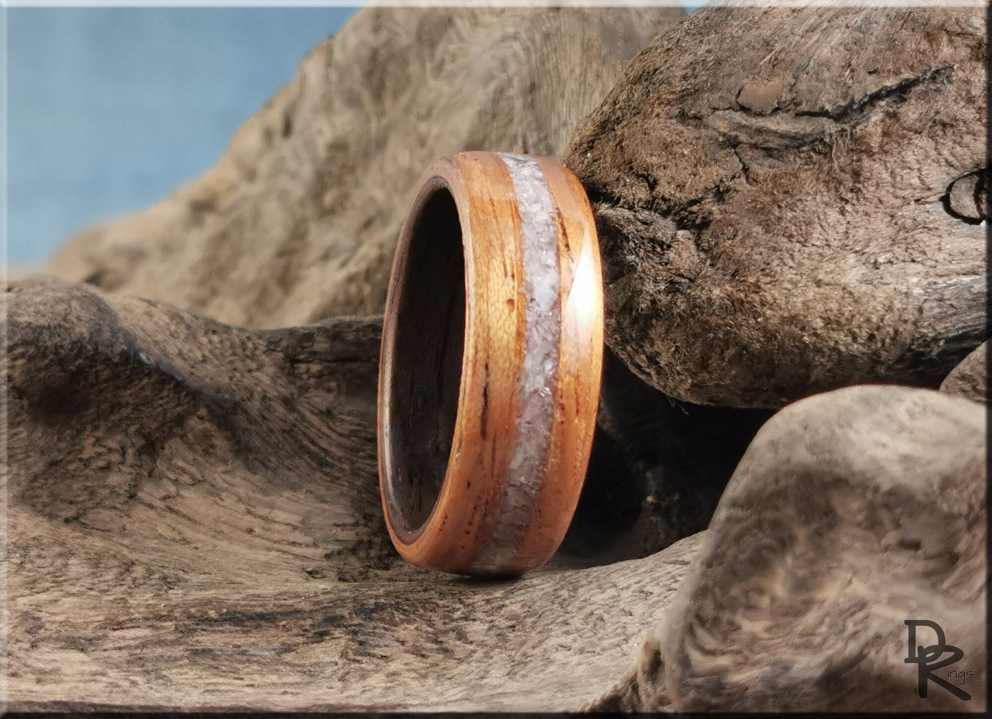 Dual Bentwood Ring - Spanish Cedar w/Moonstone inlay, on Black Walnut ring core - wood ring