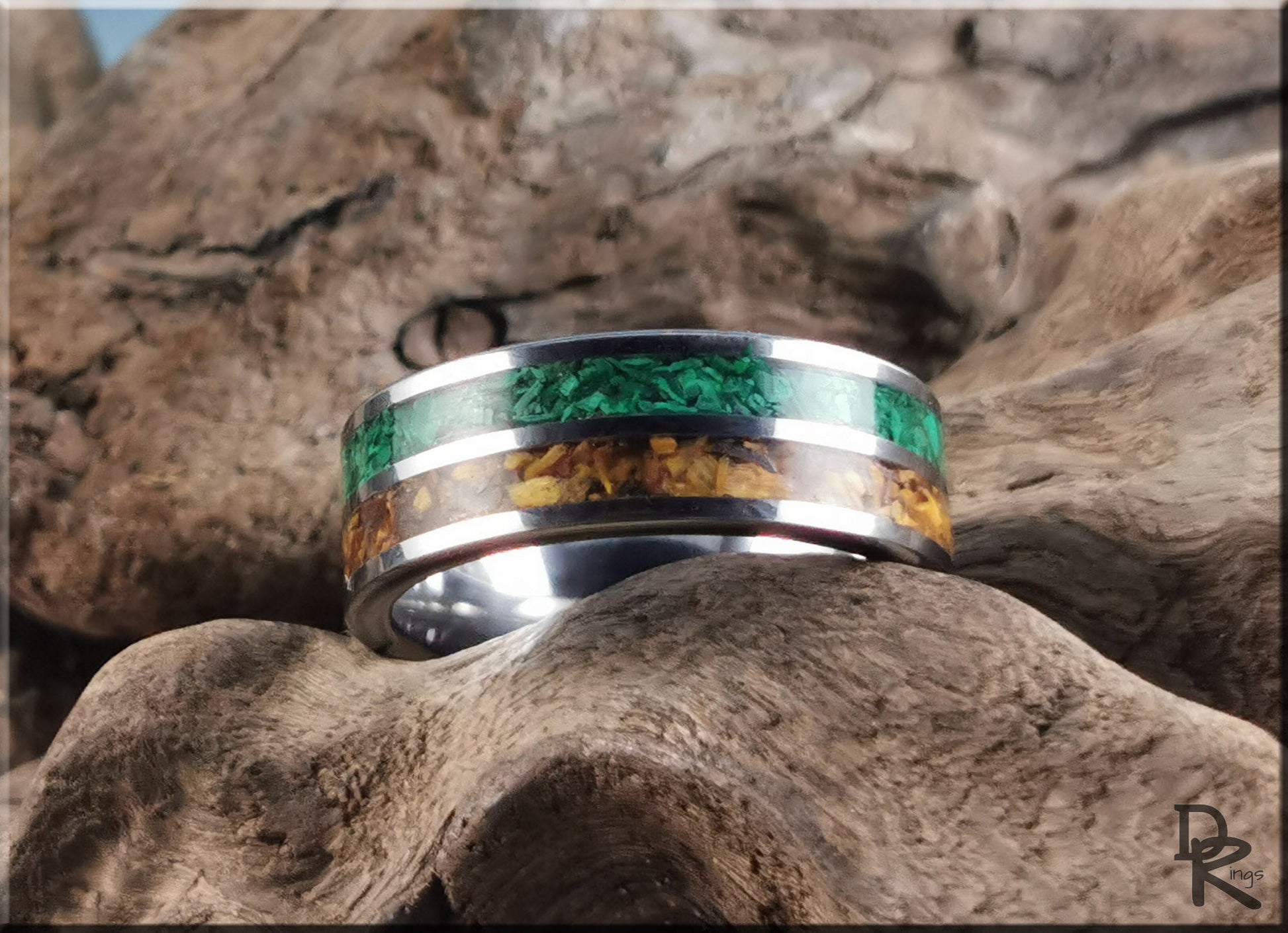 Tungsten Carbide 8mm Dual-Channel Ring with Malachite and Tiger's Eye Stone inlays - metal ring
