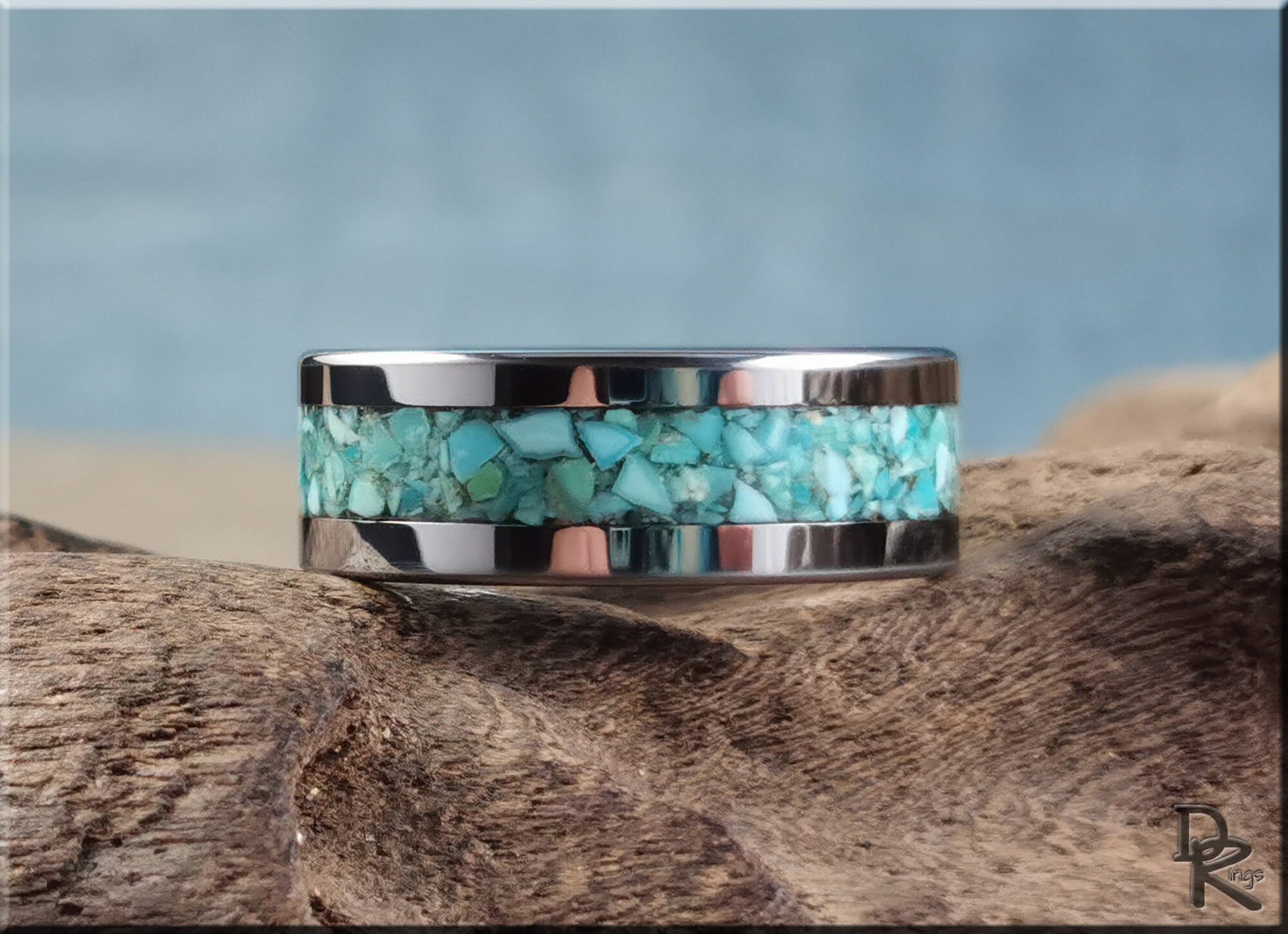 Flat Edge Tungsten Carbide Channel Ring w/Campitos Turquoise inlay - metal ring