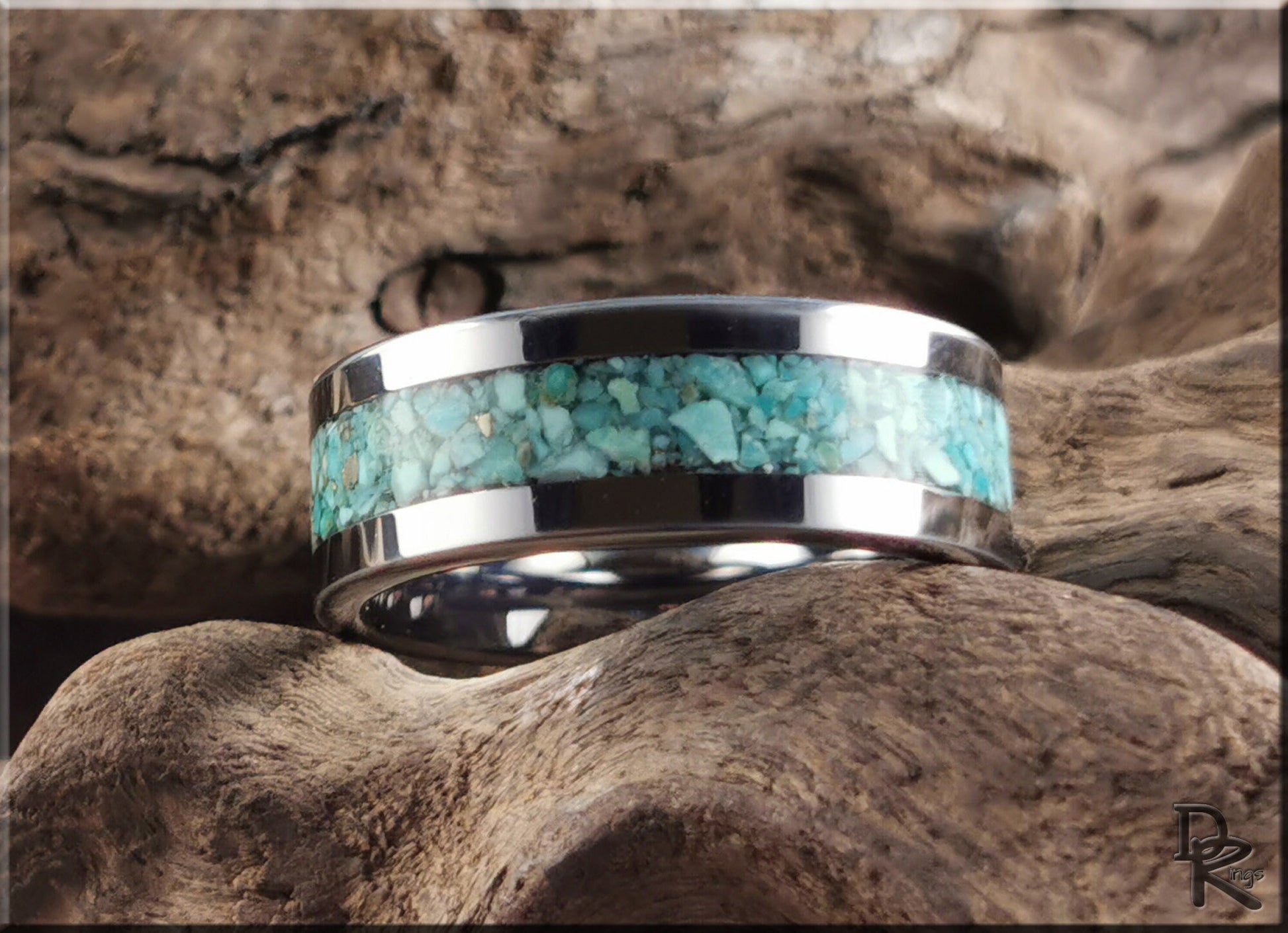 Flat Edge Tungsten Carbide Channel Ring w/Campitos Turquoise inlay - metal ring