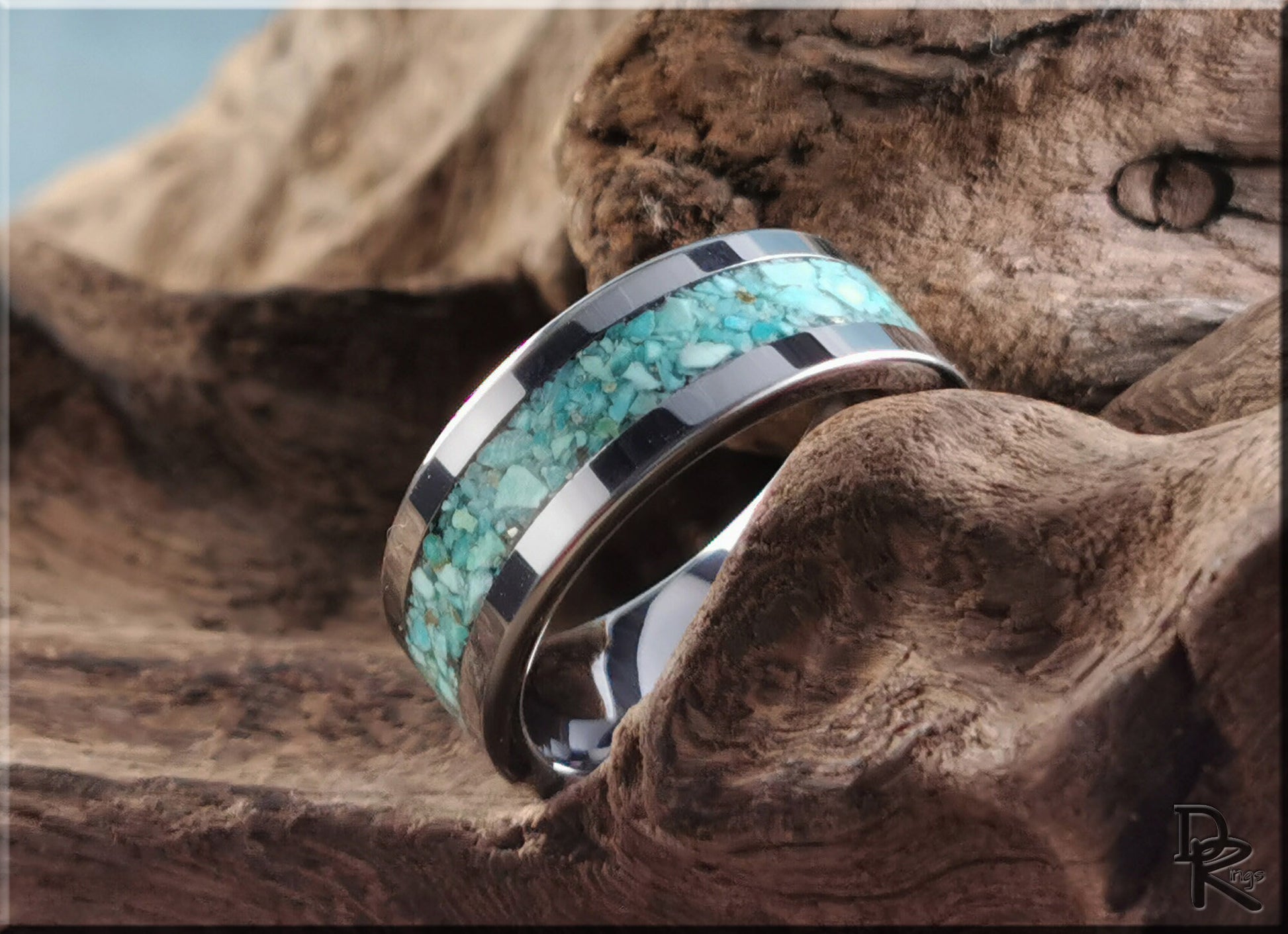 Flat Edge Tungsten Carbide Channel Ring w/Campitos Turquoise inlay - metal ring