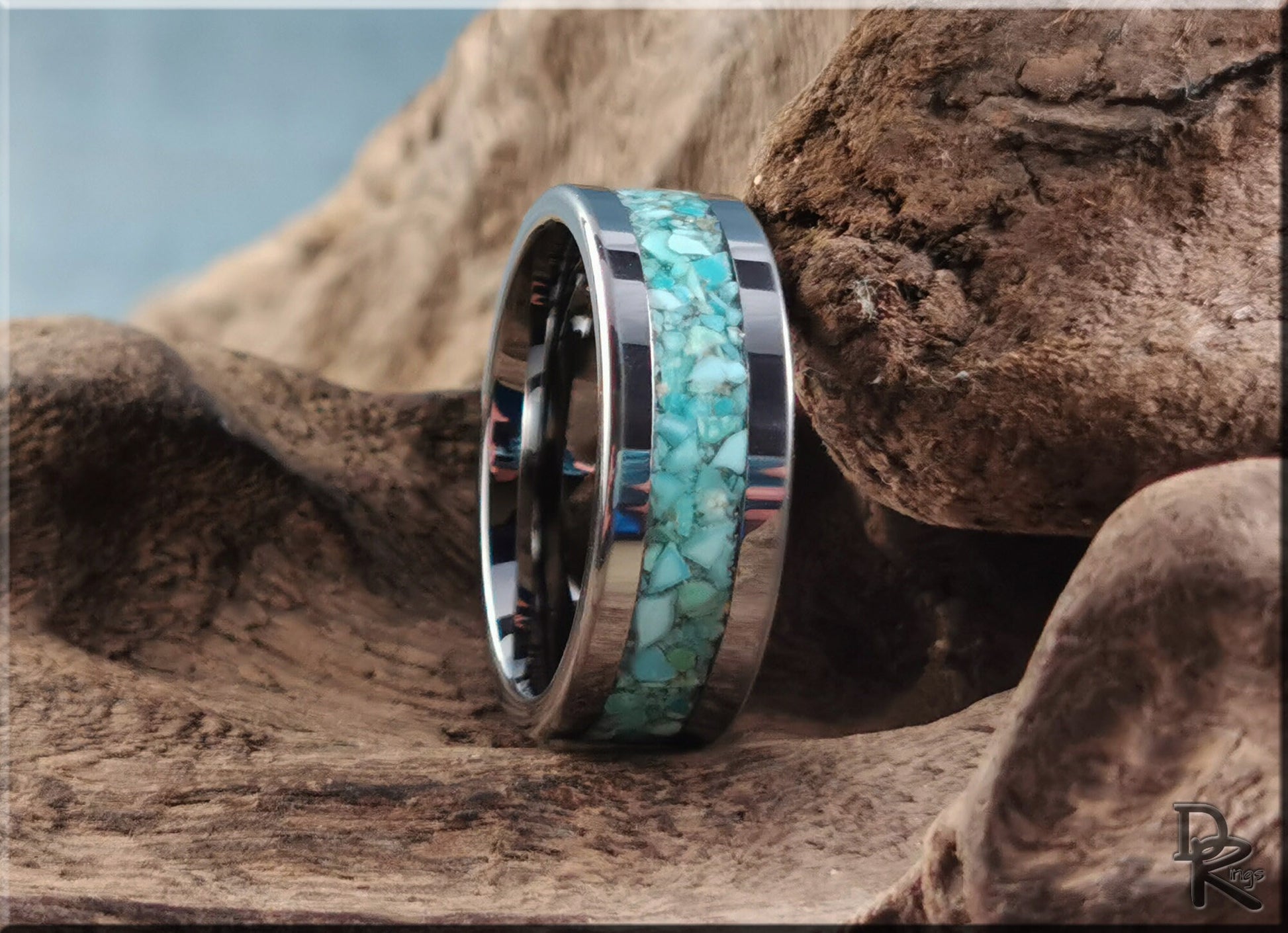 Flat Edge Tungsten Carbide Channel Ring w/Campitos Turquoise inlay - metal ring