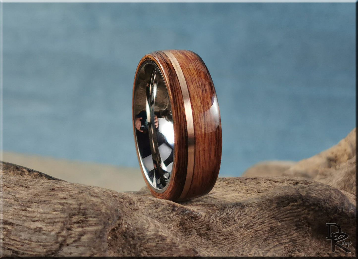 Bentwood Ring - Santos Rosewood w/offset Bronze wire inlay on titanium ring core - wood ring