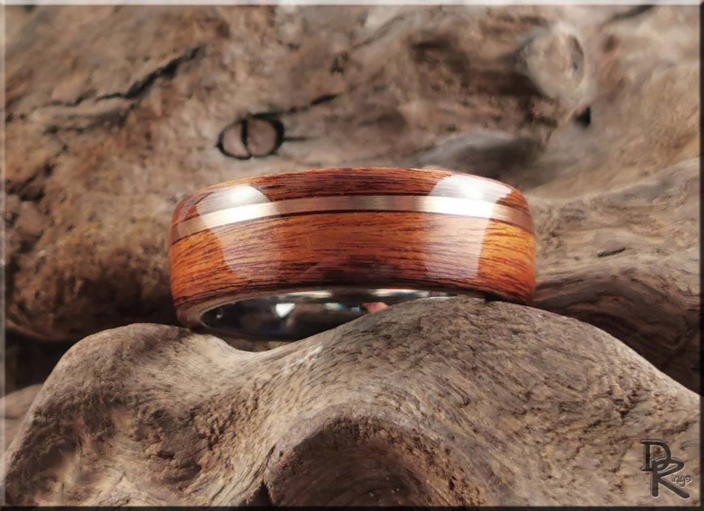 Bentwood Ring - Santos Rosewood w/offset Bronze wire inlay on titanium ring core - wood ring