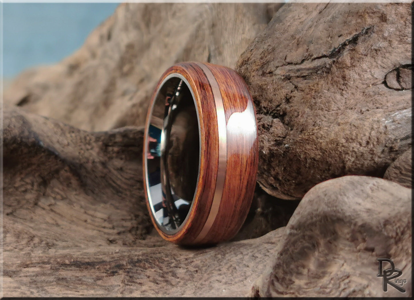 Bentwood Ring - Santos Rosewood w/offset Bronze wire inlay on titanium ring core - wood ring
