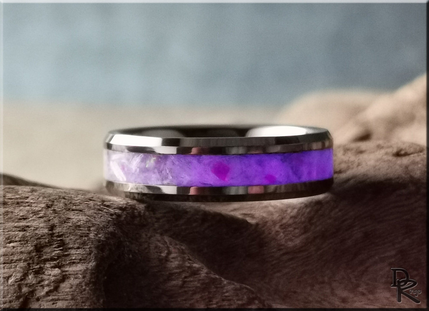 Tungsten Carbide Channel Ring w/Selenite and Opal Glow inlay - metal ring