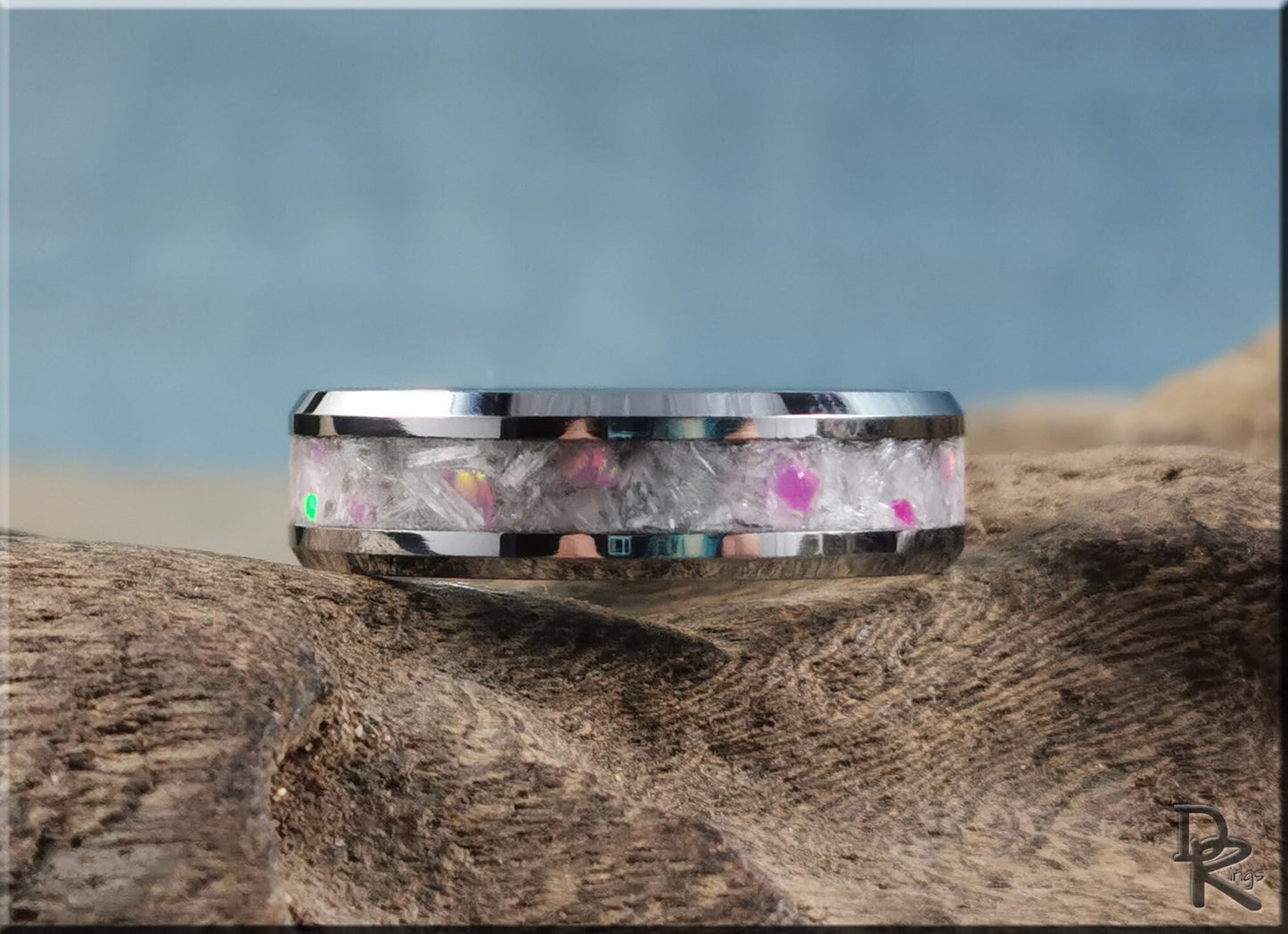 Tungsten Carbide Channel Ring w/Selenite and Opal Glow inlay - metal ring