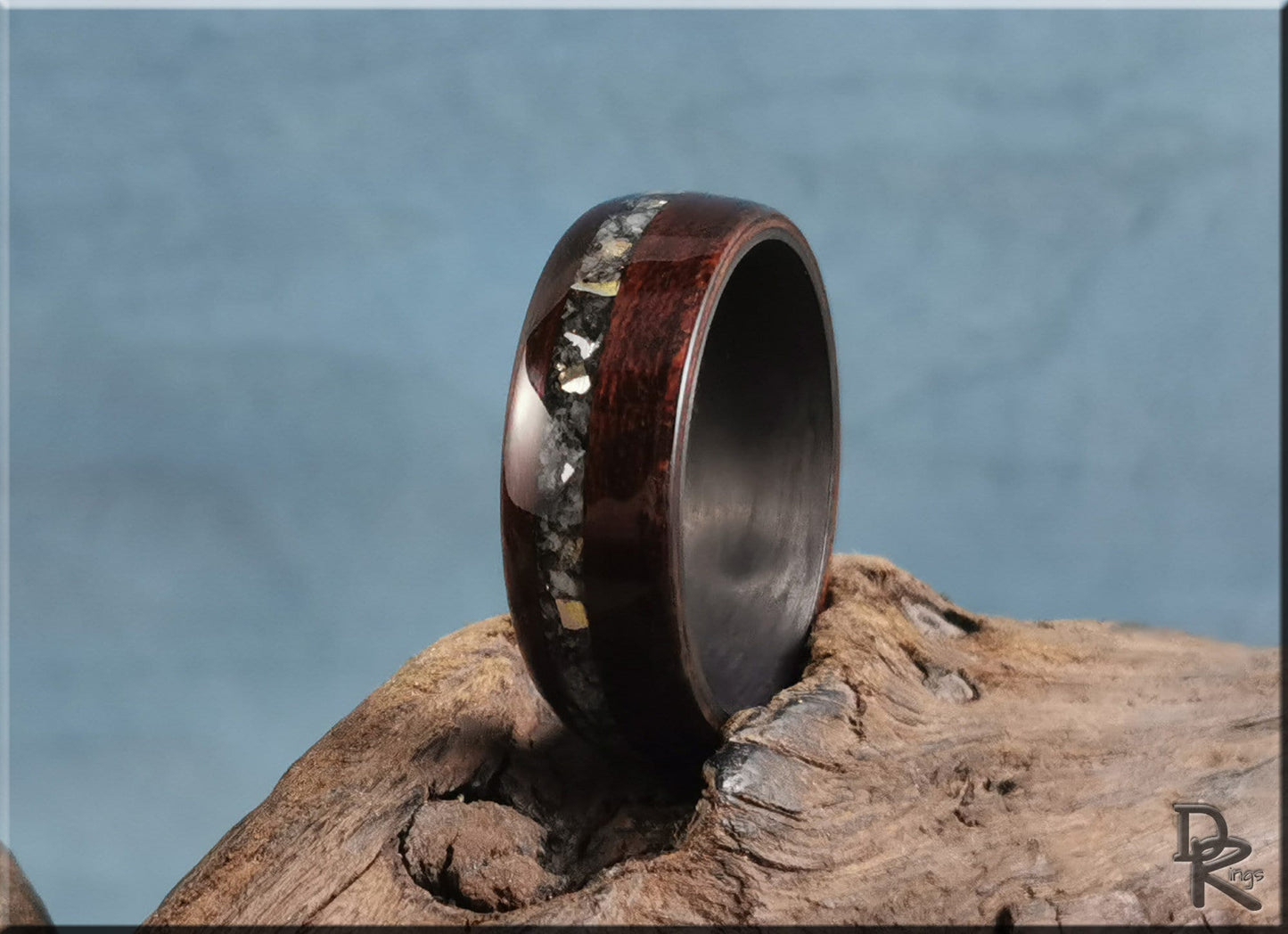 Bentwood Ring - Smoked Etimoe w/Moonstone-Mica and Sterling Silver inlay, on carbon fiber ring core - wood ring