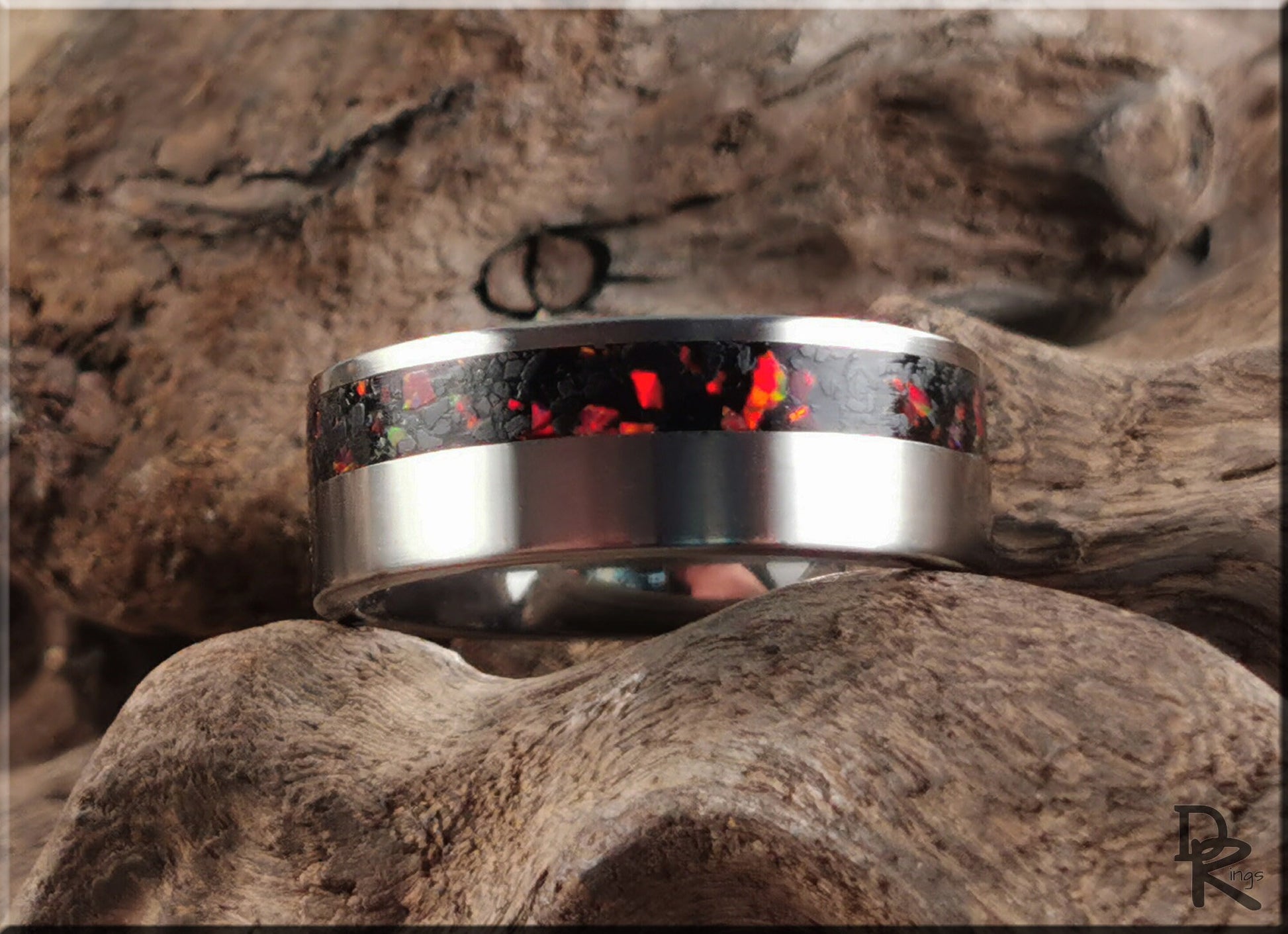 Titanium Offset 8mm Channel Ring w/Black Tourmaline and Opal inlay - metal ring