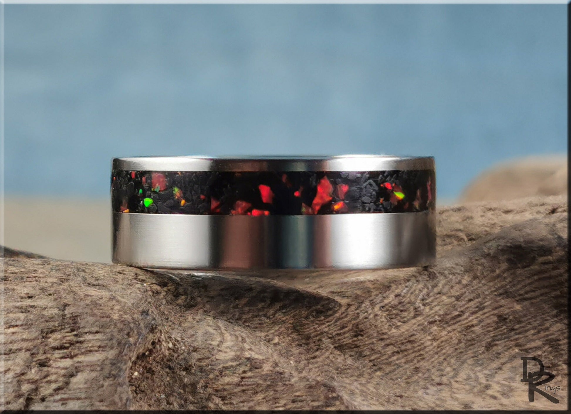 Titanium Offset 8mm Channel Ring w/Black Tourmaline and Opal inlay - metal ring