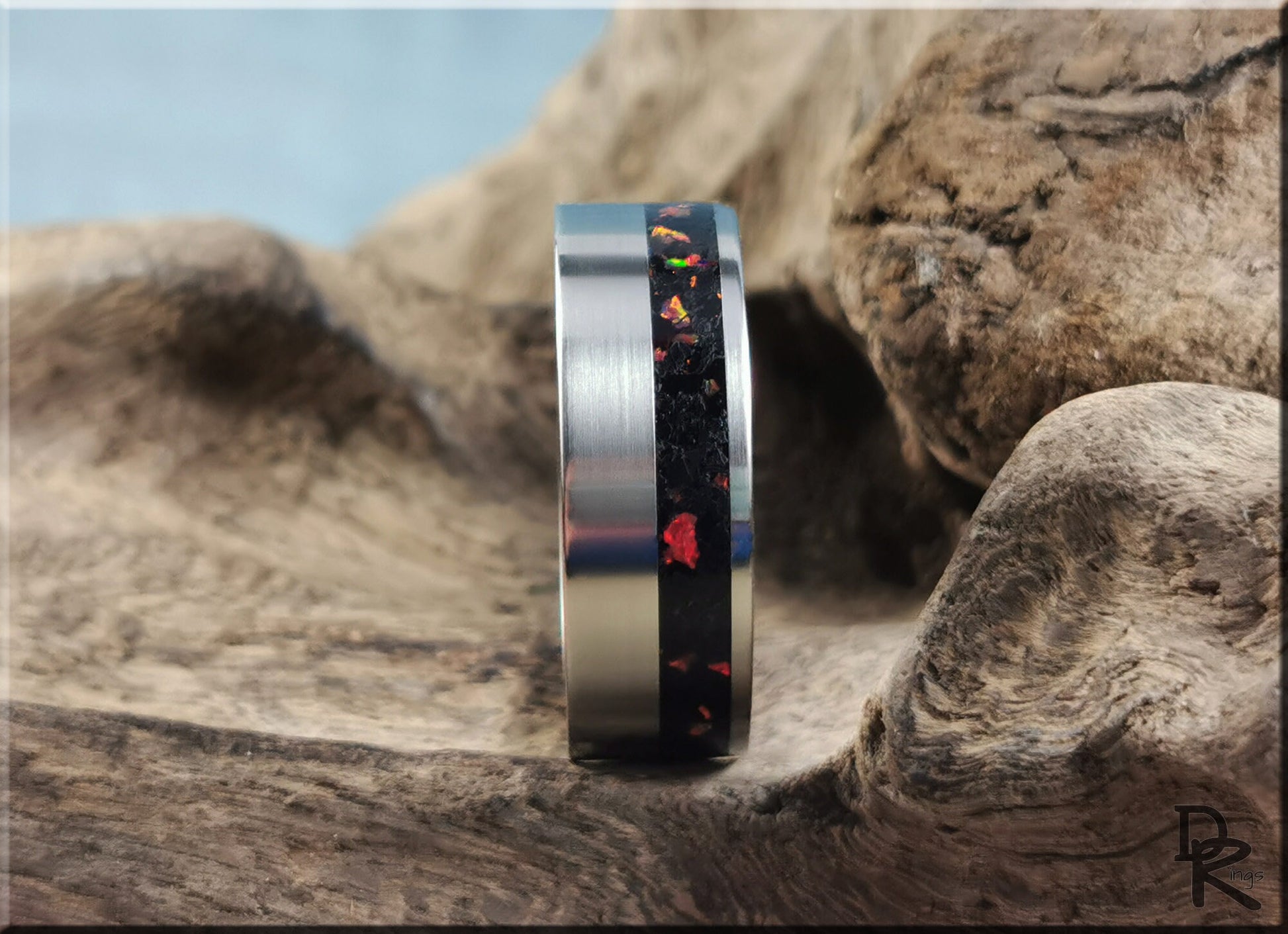 Titanium Offset 8mm Channel Ring w/Black Tourmaline and Opal inlay - metal ring