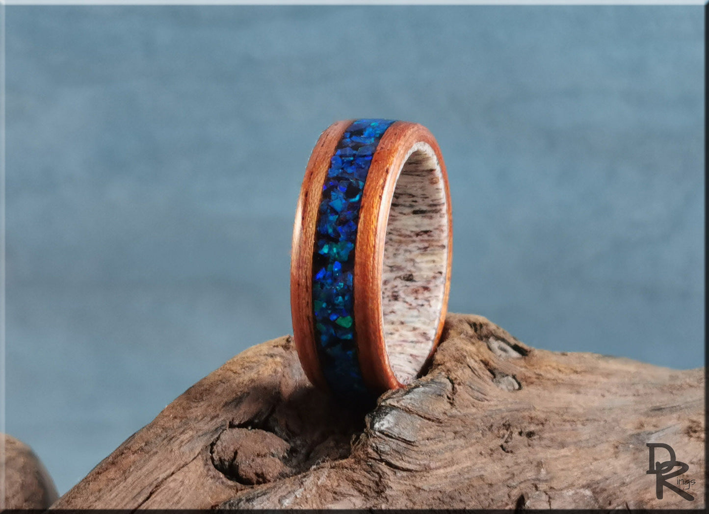 Bentwood Ring - Flat Cut Etimoe w/Ocean Blue Opal inlay, on Deer Antler ring core - wood ring