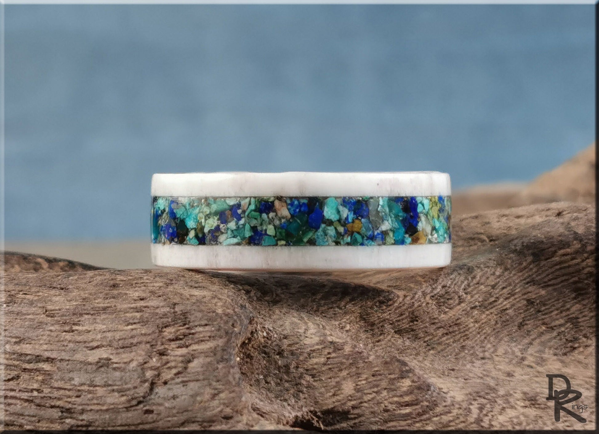 Deer Antler Channel Ring w/Azurite Stone inlay - antler ring