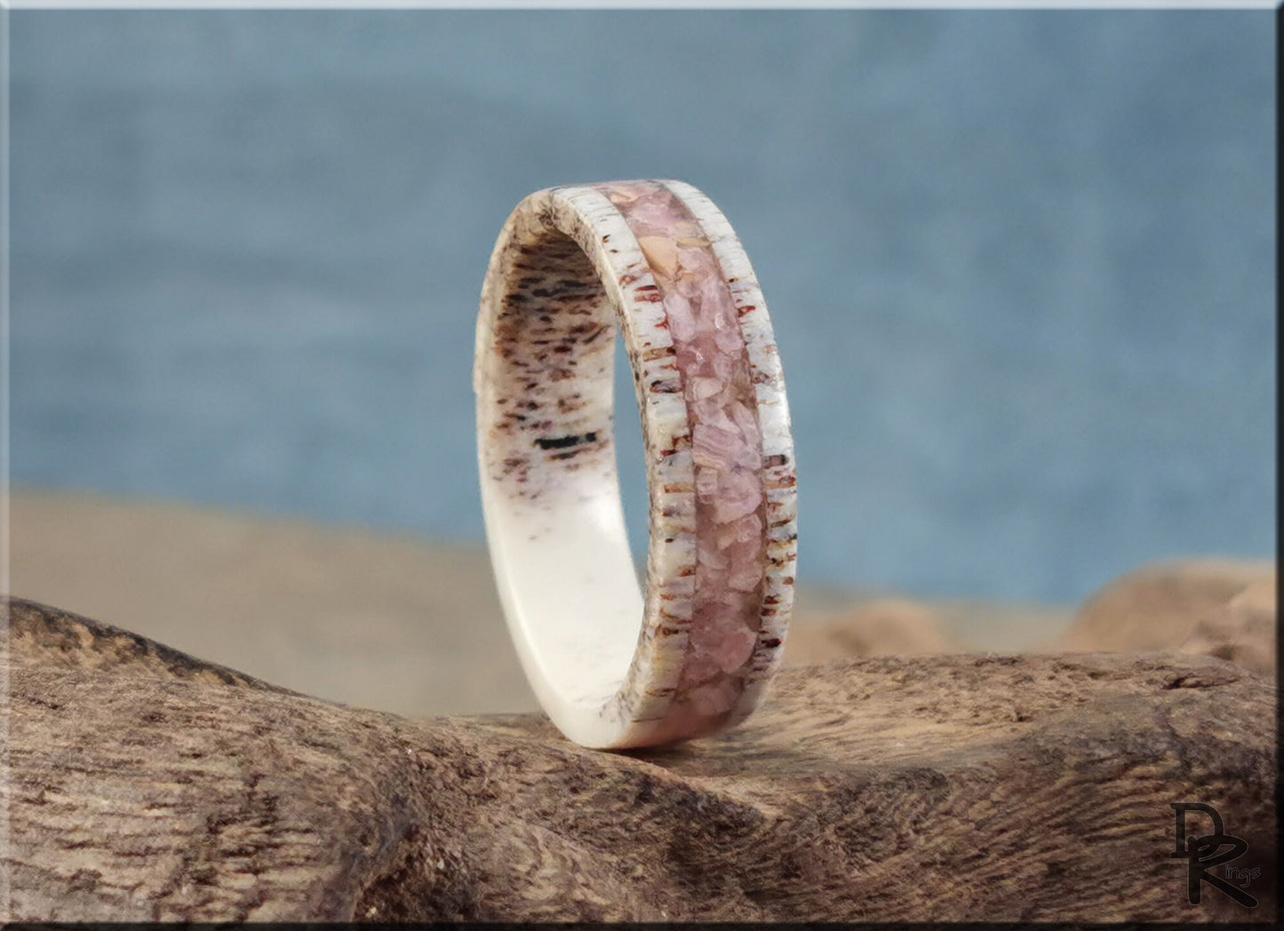 Deer Antler Channel Ring w/Rhodochrosite Stone inlay - antler ring