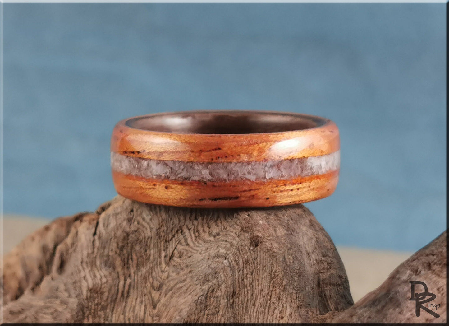 Dual Bentwood Ring - Spanish Cedar w/Moonstone inlay, on Black Walnut ring core - wood ring