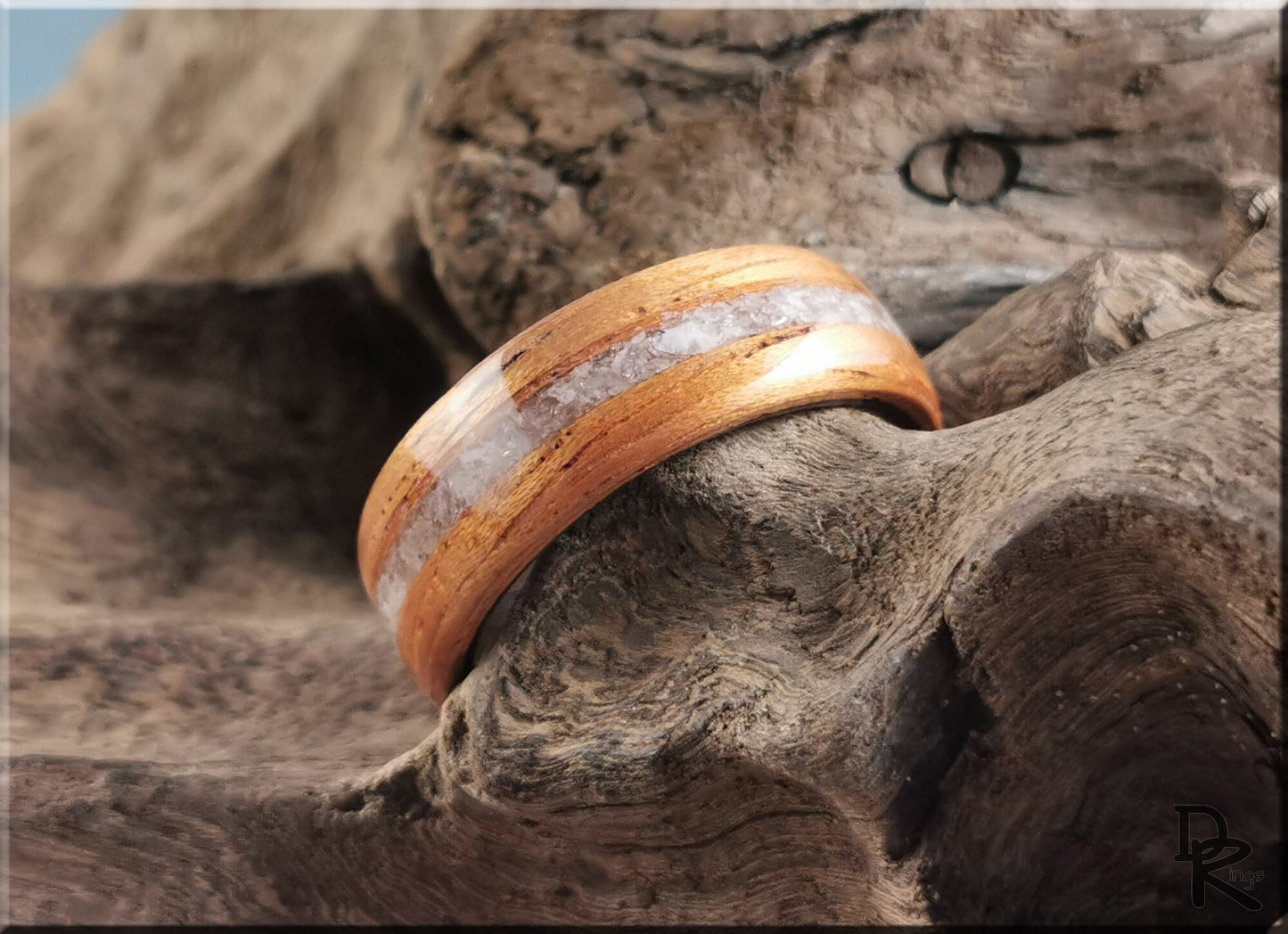 Dual Bentwood Ring - Spanish Cedar w/Moonstone inlay, on Black Walnut ring core - wood ring