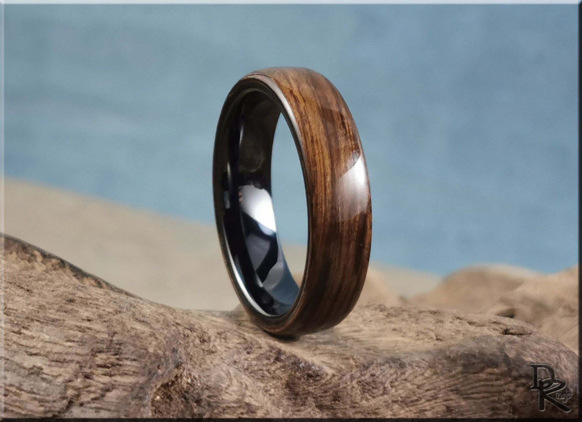 Bentwood Ring - Ancient Bog Oak on Polished Black Ceramic inner ring core - wood ring