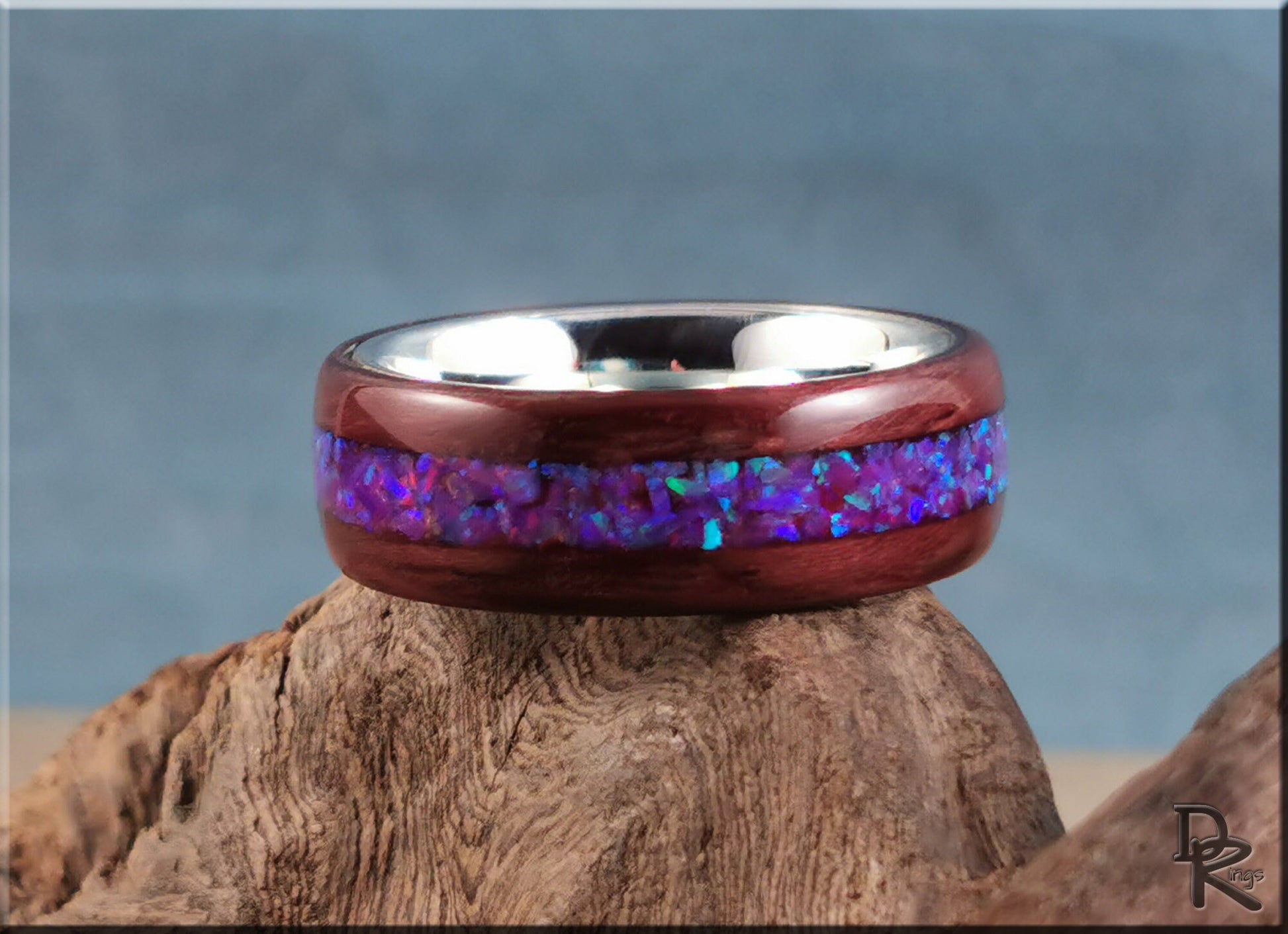 Bentwood Ring - Purpleheart w/Orchid Opal inlay, on premium .925 Sterling Silver ring core - wood ring