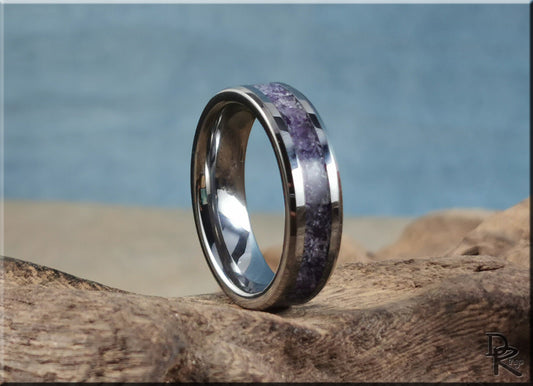 Tungsten Carbide Channel Ring w/Amethyst stone inlay - metal ring