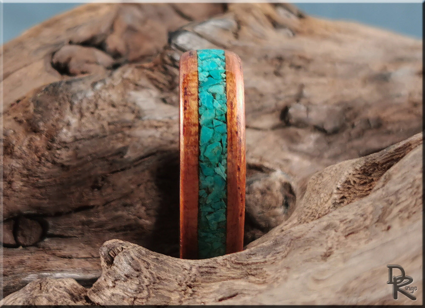 Bentwood Ring - Spanish Cedar w/Peruvian Chrysocolla inlay on polished black ceramic ring core - wood ring