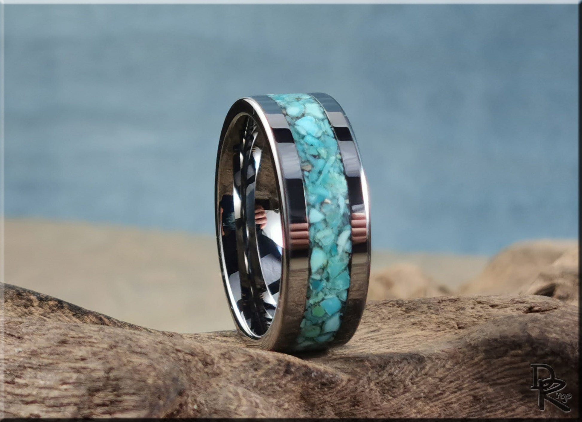 Flat Edge Tungsten Carbide Channel Ring w/Campitos Turquoise inlay - metal ring