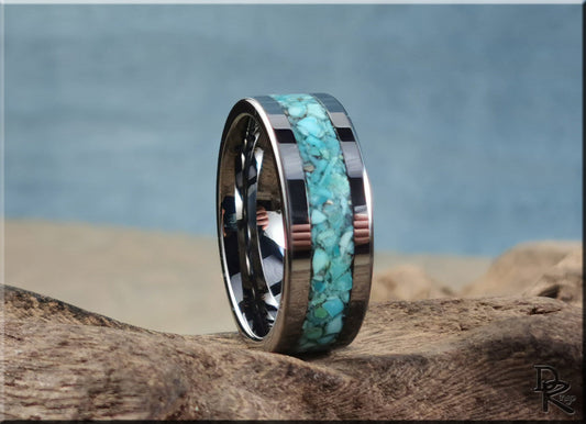 Flat Edge Tungsten Carbide Channel Ring w/Campitos Turquoise inlay - metal ring