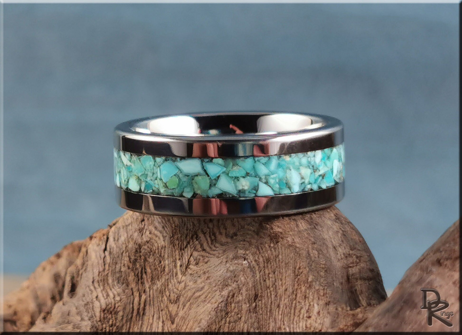 Flat Edge Tungsten Carbide Channel Ring w/Campitos Turquoise inlay - metal ring