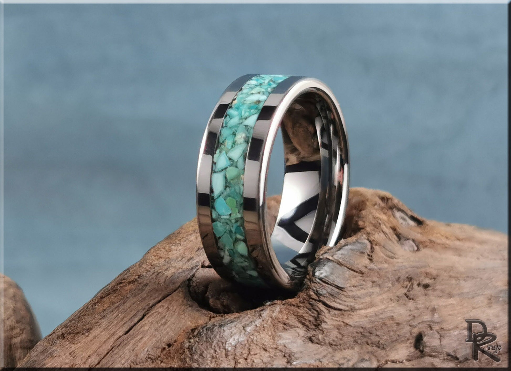 Flat Edge Tungsten Carbide Channel Ring w/Campitos Turquoise inlay - metal ring