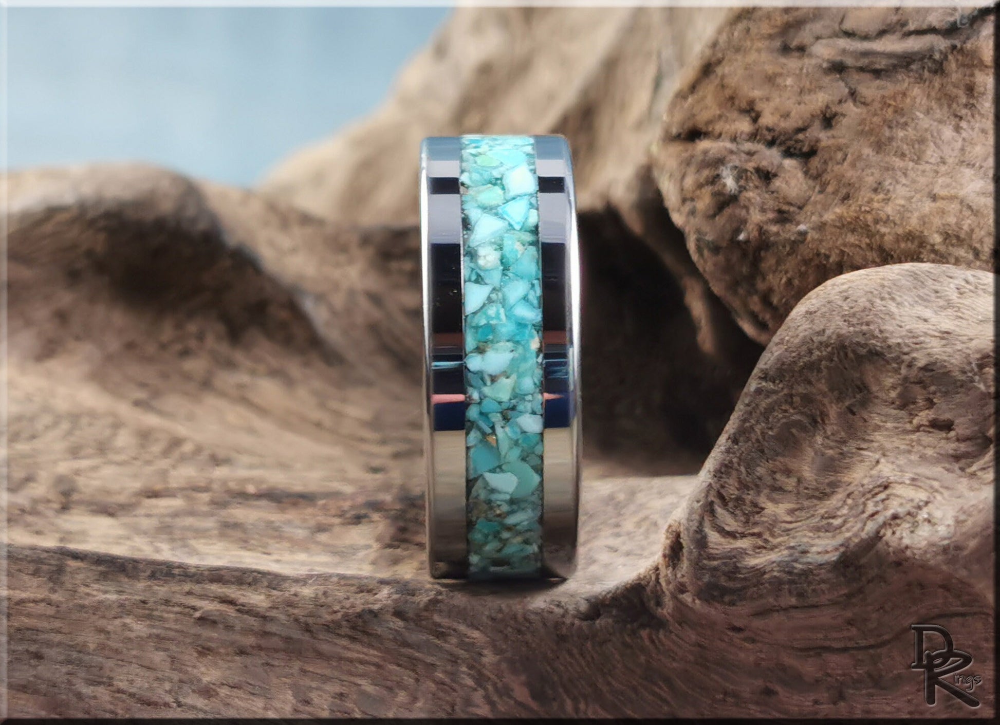 Flat Edge Tungsten Carbide Channel Ring w/Campitos Turquoise inlay - metal ring