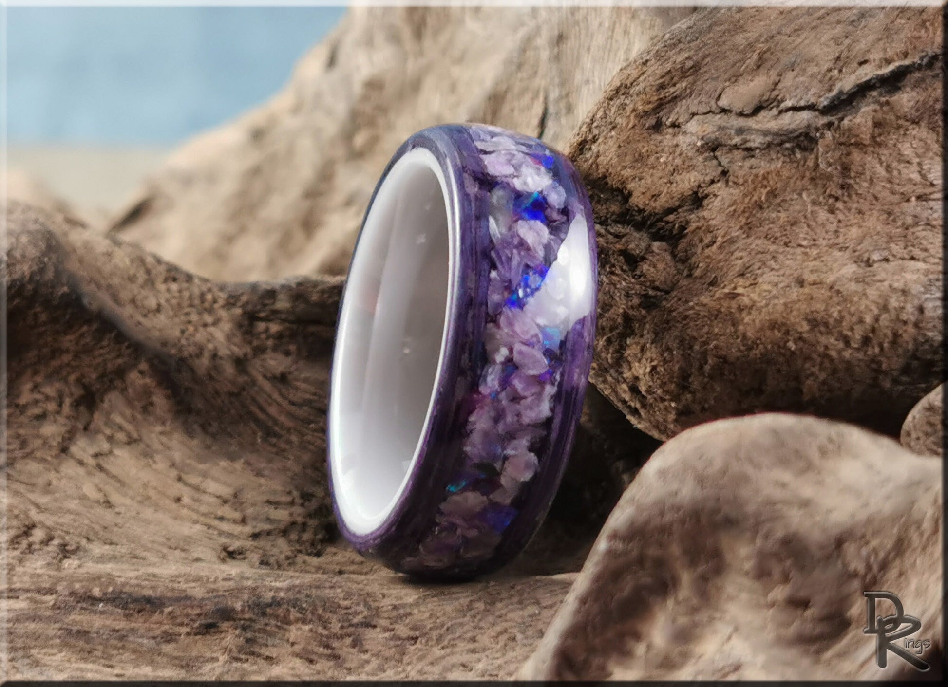 Bentwood Ring - Amethyst Koto w/Charoite and Opal inlay on polished white ceramic ring core - wood ring