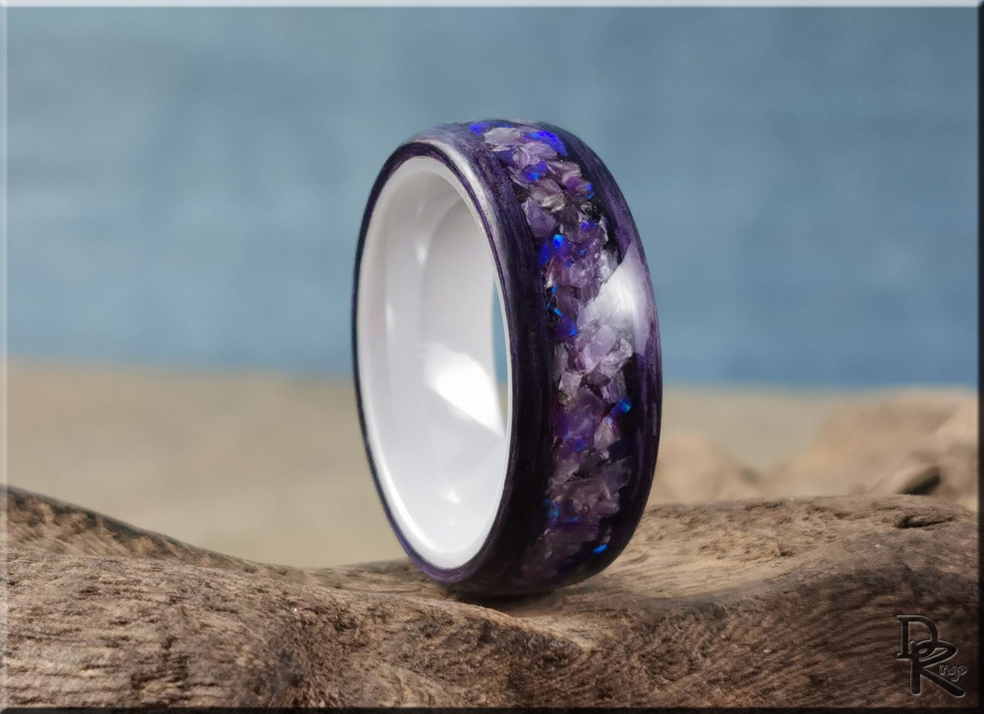Bentwood Ring - Amethyst Koto w/Charoite and Opal inlay on polished white ceramic ring core - wood ring