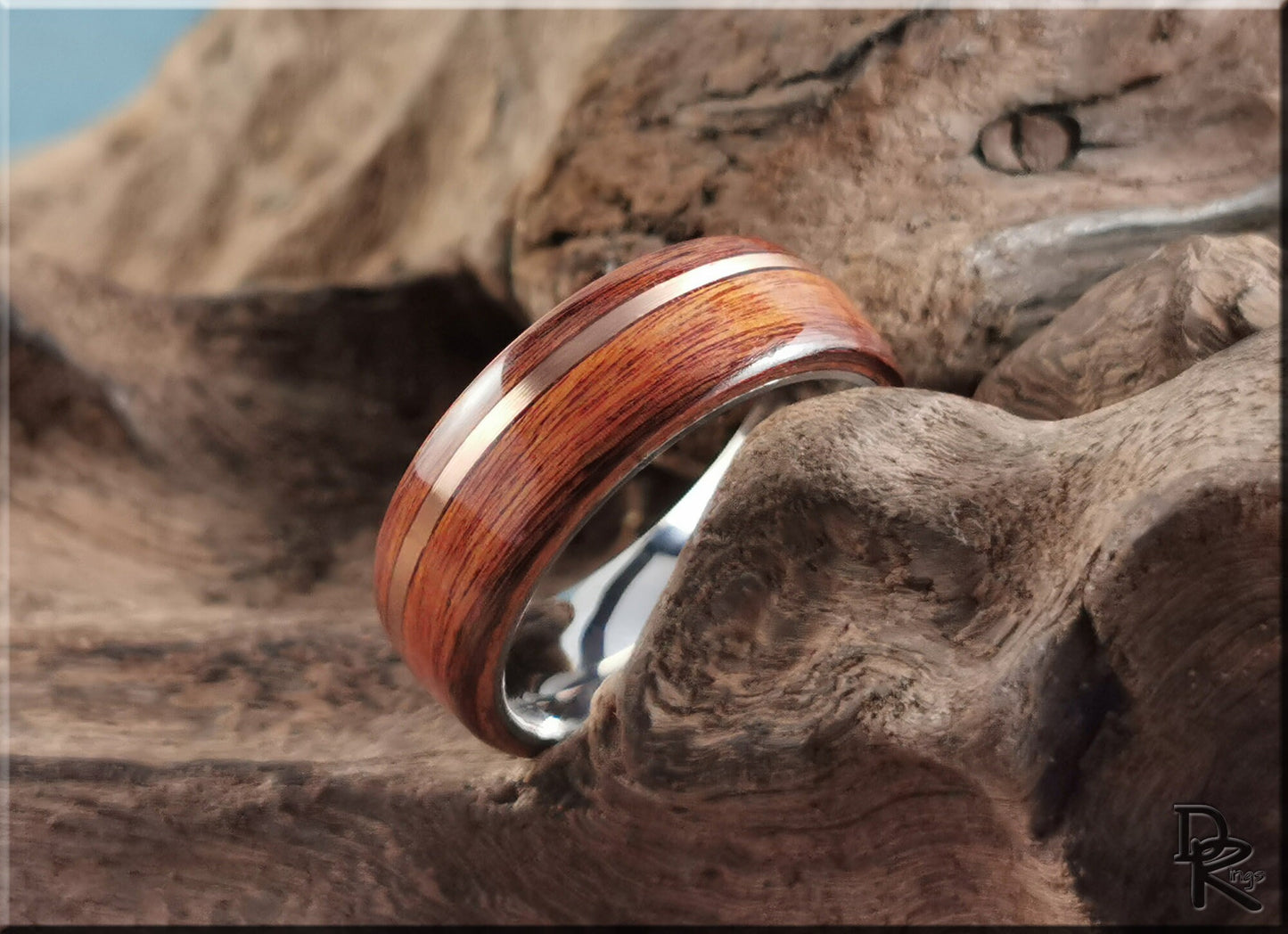 Bentwood Ring - Santos Rosewood w/offset Bronze wire inlay on titanium ring core - wood ring