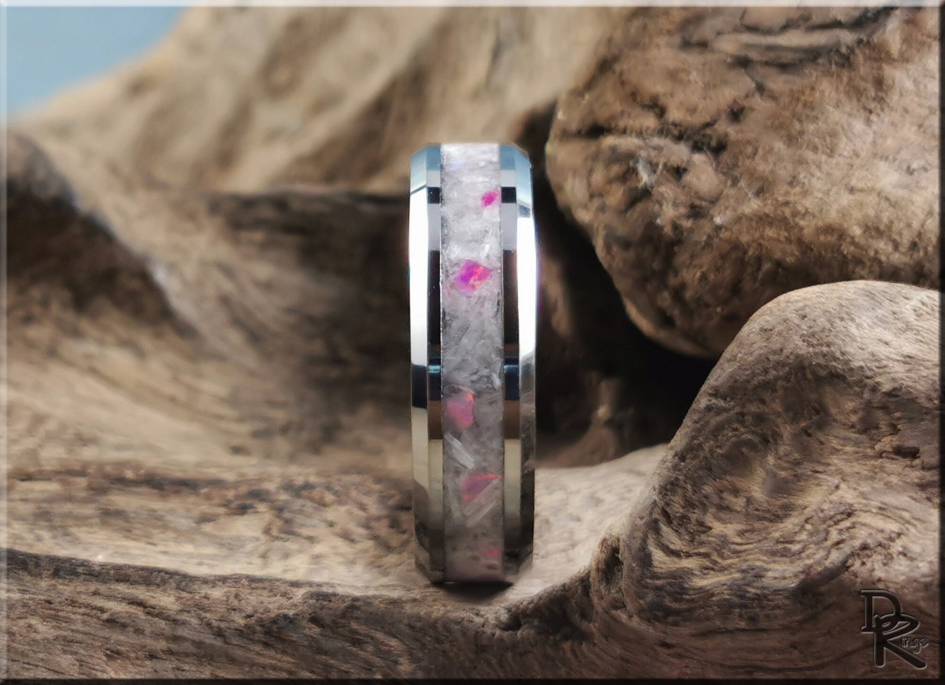 Tungsten Carbide Channel Ring w/Selenite and Opal Glow inlay - metal ring