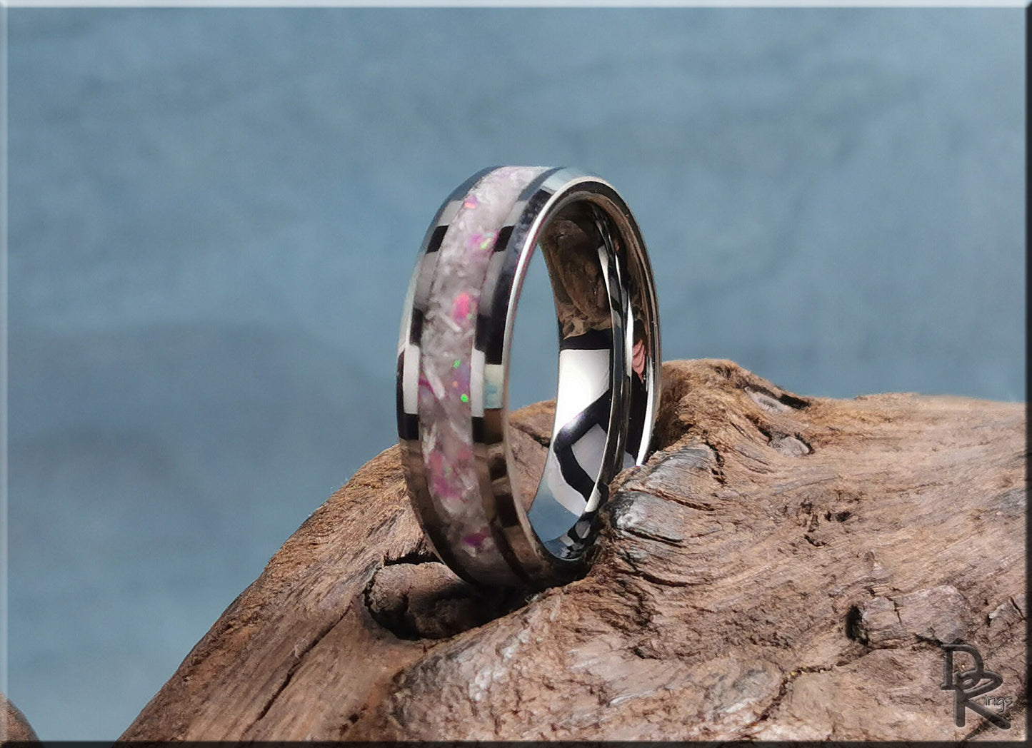Tungsten Carbide Channel Ring w/Selenite and Opal Glow inlay - metal ring